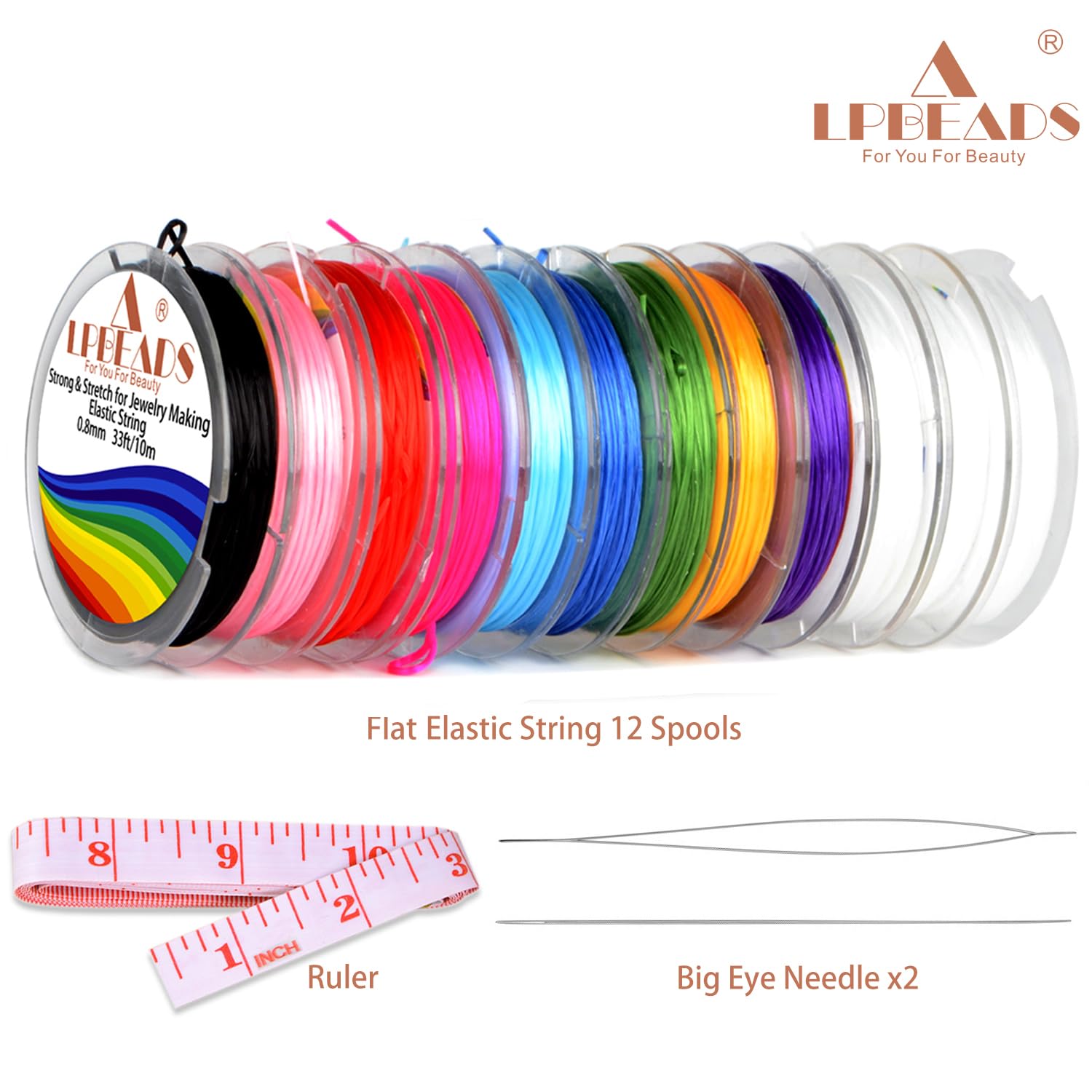 LPBeads 12 rollos de cordón elástico de 0,8 mm para hacer pulseras y joyas con agujas de cuentas y regla