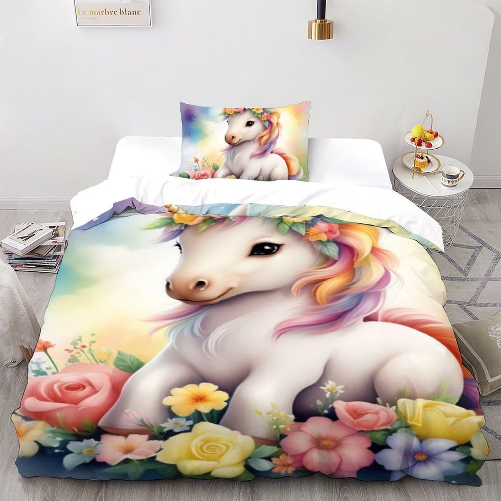 Housse de couette cheval de fleurs microfibre anti-plis entretien facile 135x200