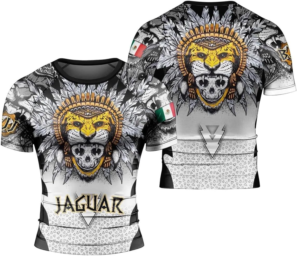 Aztec Jaguar Men's Rash Guard Shirts Short Sleeve, Baselayer Compression Shirt for Jiu Jitsu MMA