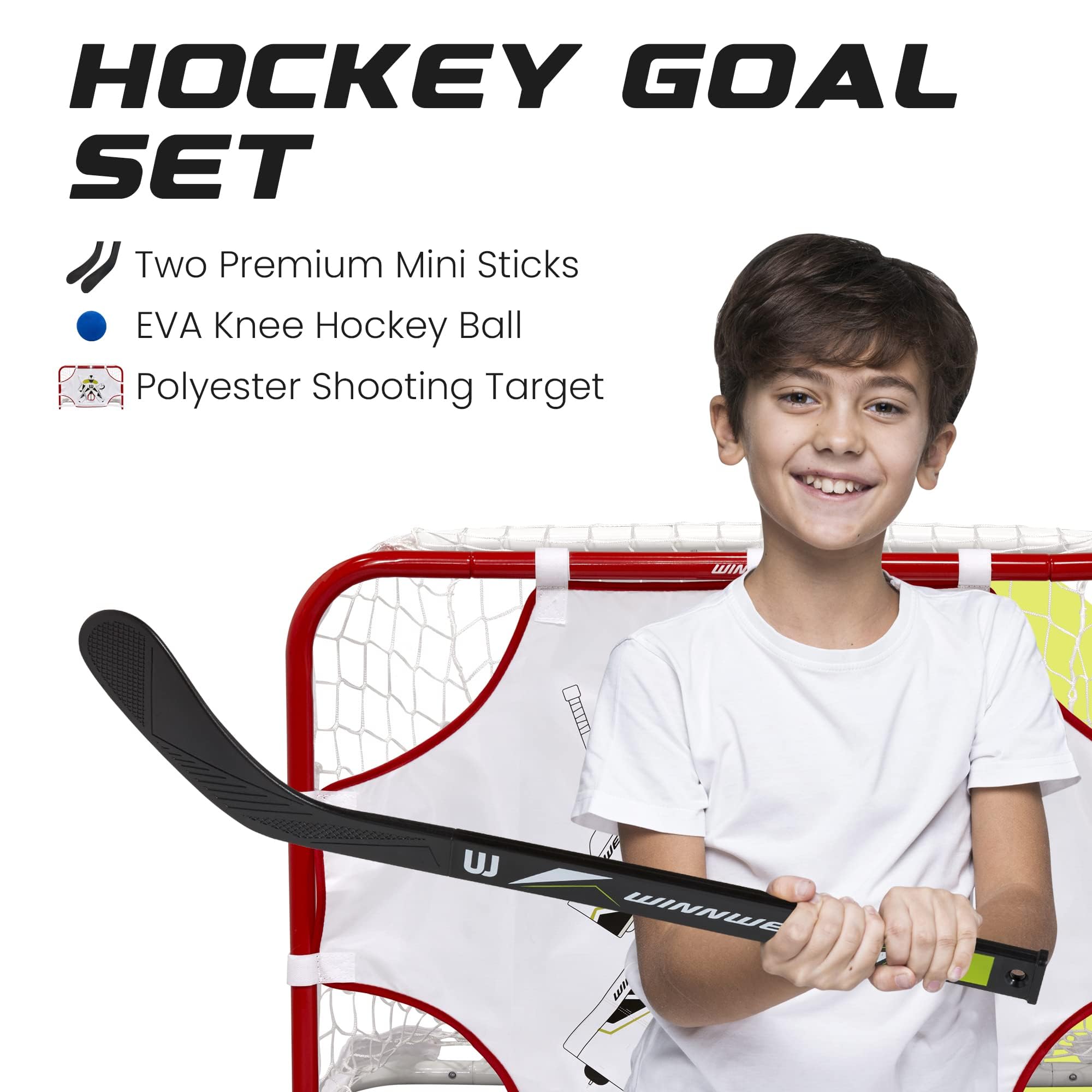 Winnwell Mini set di porte da hockey, attrezzatura per allenamento indoor hockey, include 2 mini bastoncini, 1 palla, 1 rete e bersaglio da tiro