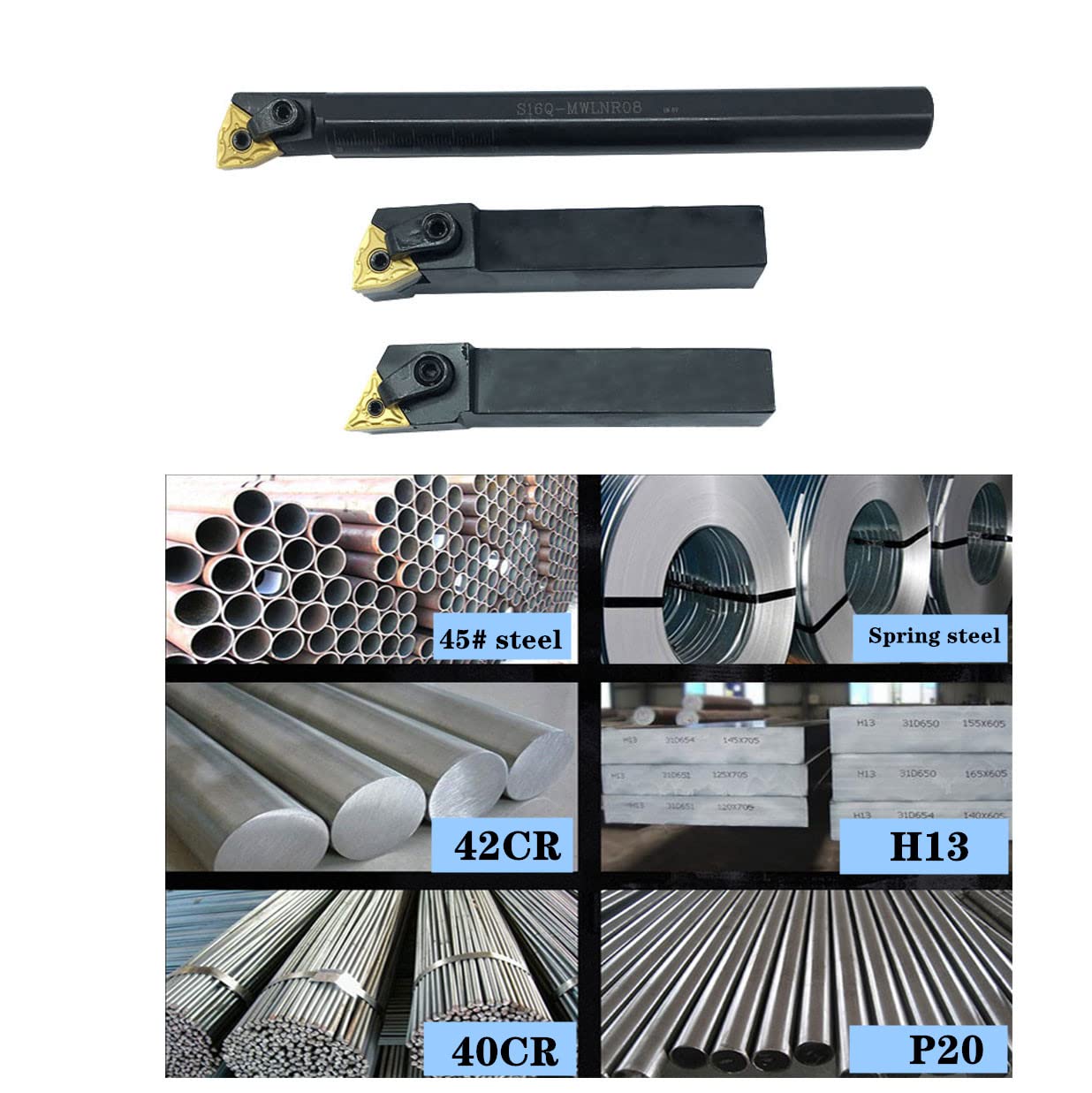 3PCS 5/8" CNC Lathe Excircle Indexable Carbide Turning Tool Holder Bit Set MTJNR1616H16 + MWLNR1616H08 +S16Q-MWLNR08 with TNMG331 WNMG431 Carbide Turning Inserts