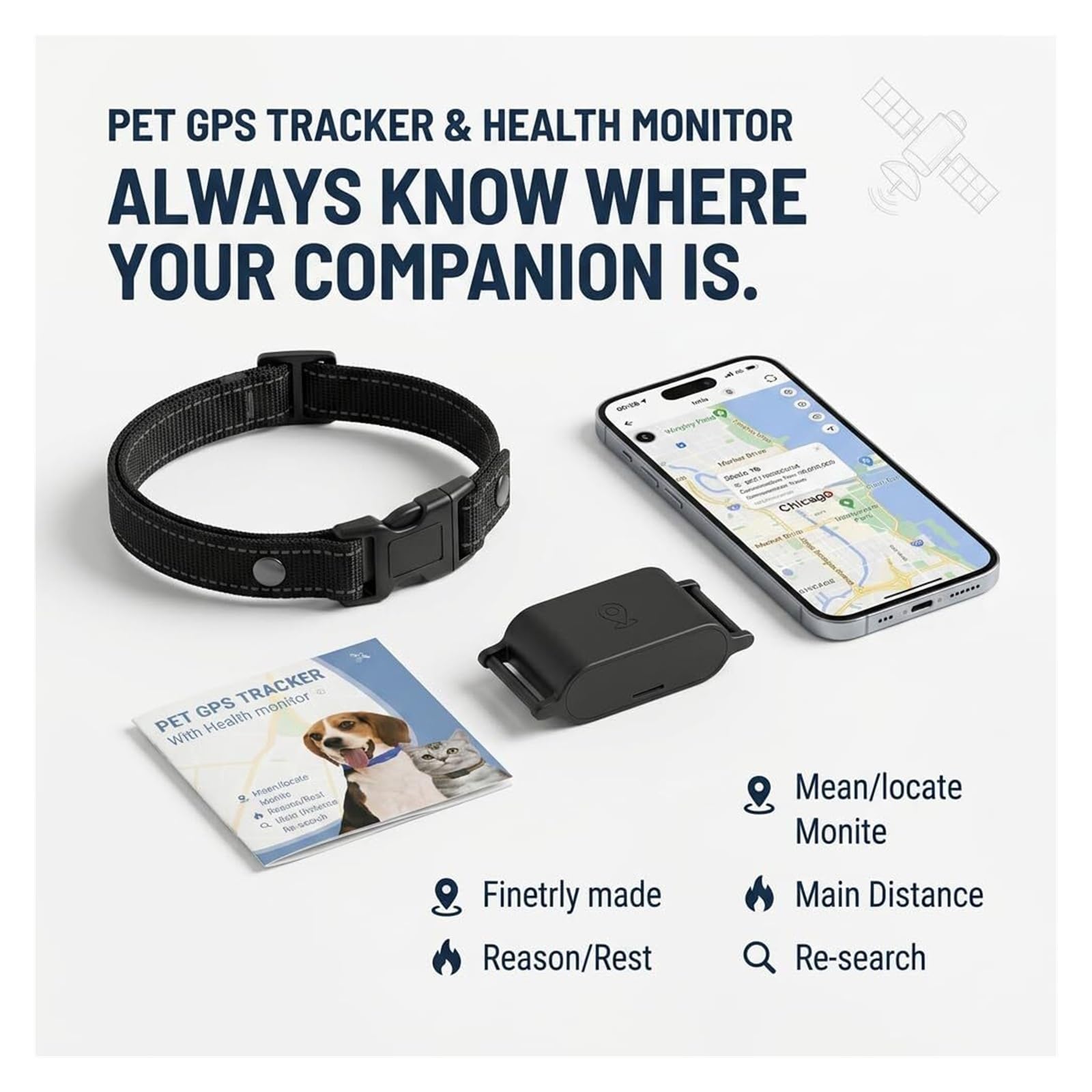 Collar rastreador GPS for Perros con Monitor de Salud: Seguimiento de ubicación en Tiempo Real, Collar for Perros y Gatos, Espera de 3 a 7 días, Carga magnética, Alternativa de tracción