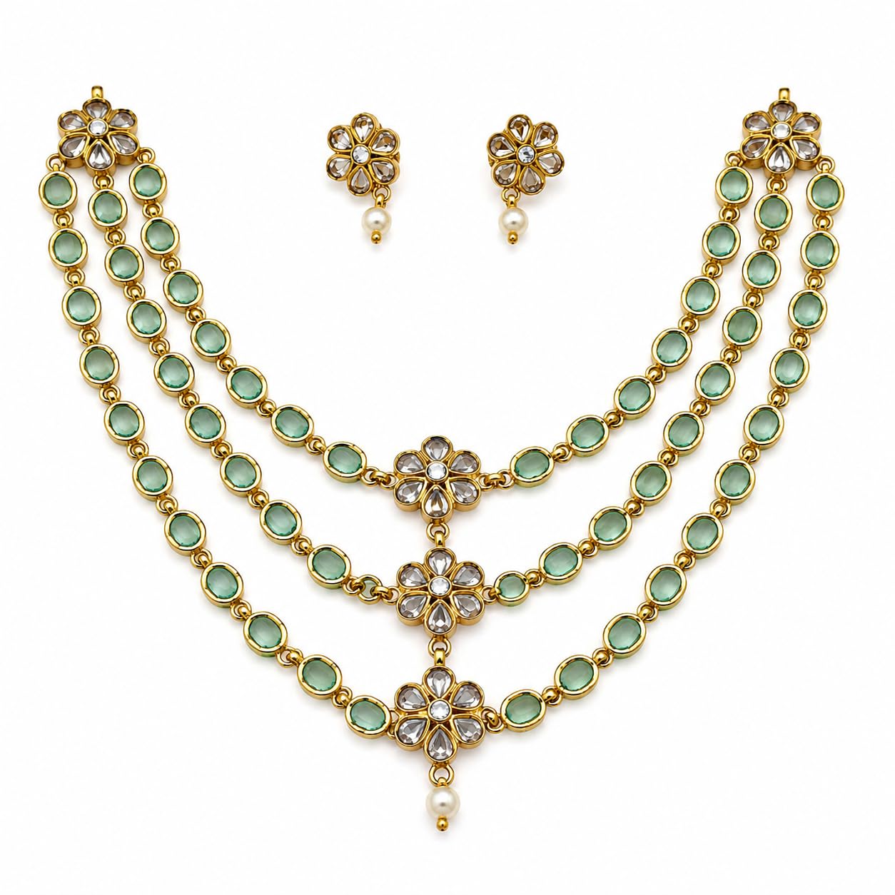 Traditional Gold Plated 3 Layer Necklace Set for Women | Premium Kundan Floral Pendant with Pearl Drop & Matching Earrings | Ethnic Bridal Wedding Party Festival Jewelry-image-7