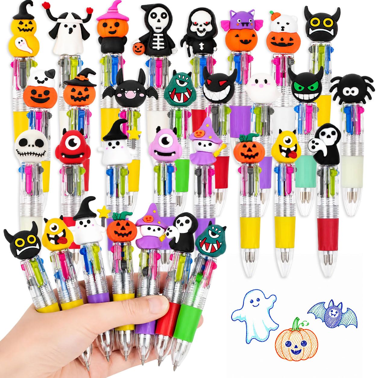 24Pcs Halloween Multicoloured Pens for Kids, 4-in-1 Mini Ballpoint Pens