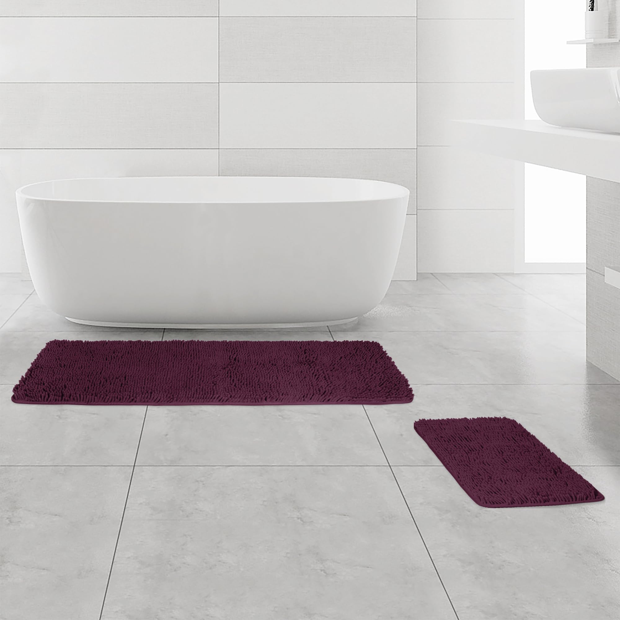 Yeaban Bathroom Rugs Sets 2 Piece – Thick Chenille Bath Mats | Absorbent and Washable Bath Rug Non-Slip, Soft Rugs for Bathroom, Shower, Sink(17" x 24"+17" x 47", Plum) — image 1