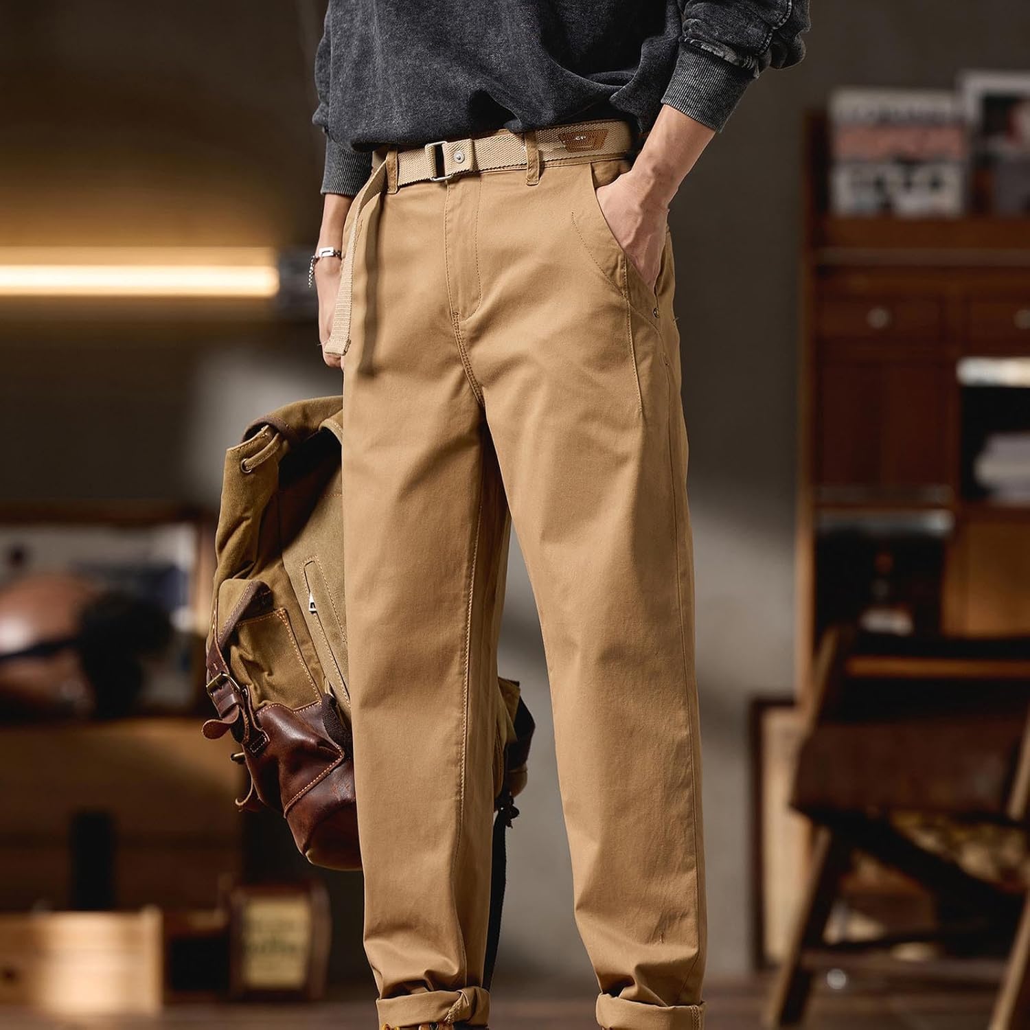 Casual Cotton Cargo Pants for Men Vintage Straight Leg Sweatpants Trendy Hiking Workout Workwear Trousers with Pocket