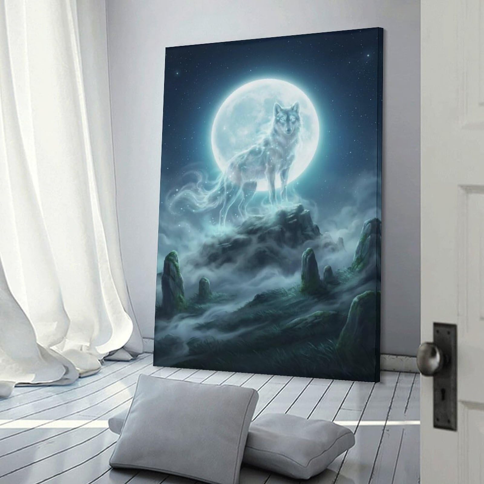 Junmoney Spirit Wolf Under The Moon Canvas Wall Picture 20x30inch(50x75cm), for Entryway, Lounge Links Or Small Walls, Decorative Canvas Styling for Entry Areas