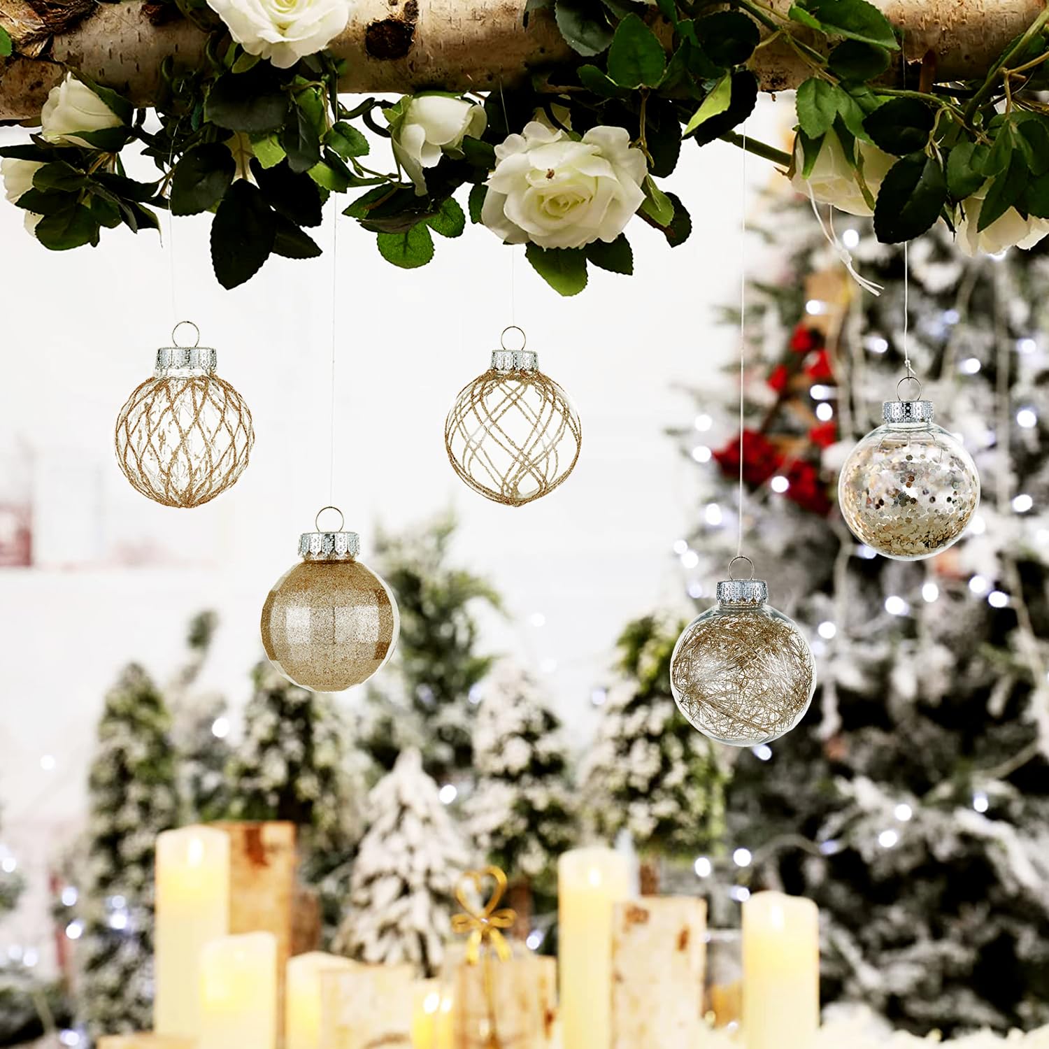 Juego de 30 Bolas de Navidad de plástico Transparente inastillables de 2.36 Pulgadas con Relleno Delicado Brillante, Decoraciones Colgantes para árbol de Navidad (Oro champán)