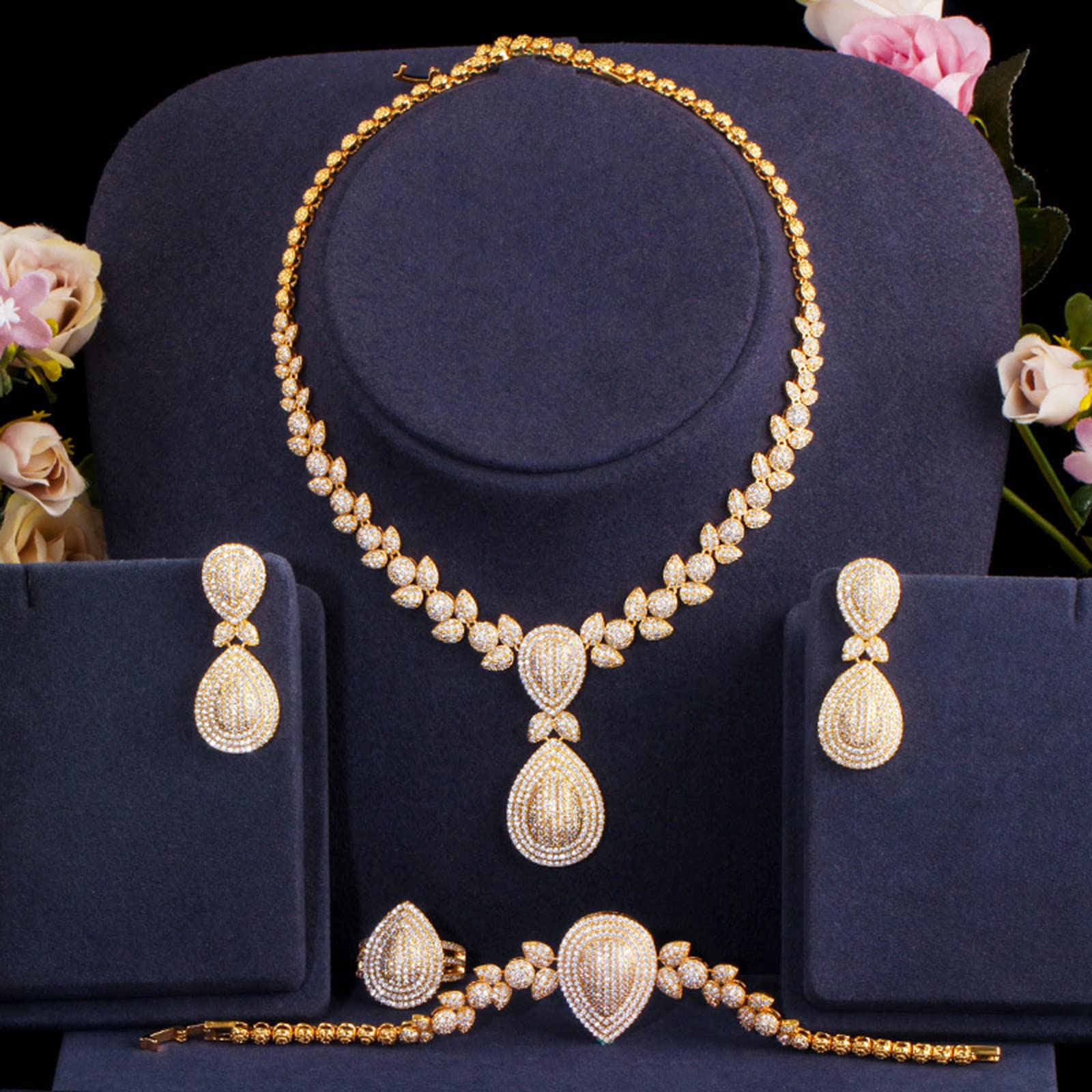 SVRITE Dubai africano placcato oro 18 carati, collana e orecchini, bracciali e anelli da donna, set di gioielli italiani per sposa, accessori per feste di nozze, in metallo, non è una