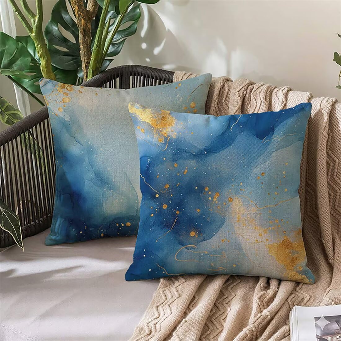 2-pak poszewek na poduszki 80 x 80 cm, dwustronne, granatowe poszewki na poduszki, wodoodporne, dekoracyjne poszewki na poduszki, wytrzymałe, luksusowe poduszki ogrodowe, kolor ochra 90 x 80 cm, 0z