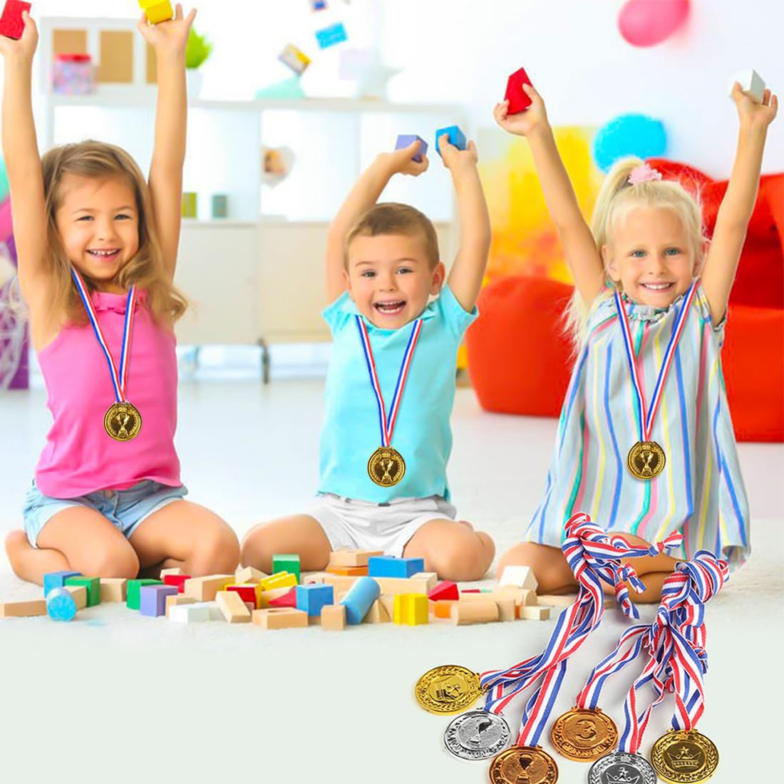 WUSJCOF 10 pezzi Medaglie vincitore in plastica, Medaglie per bambini, Medaglie personalizzate con nastri al collo, Bomboniere per bambini, Giochi per feste e giornate sportive scolastiche (Oro)