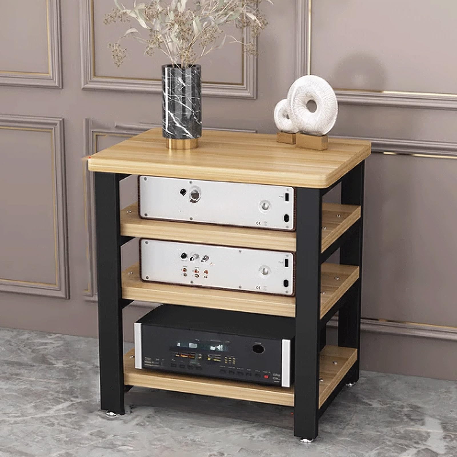 Torre de audio en bastidor de madera natural con soporte altavoces prémium