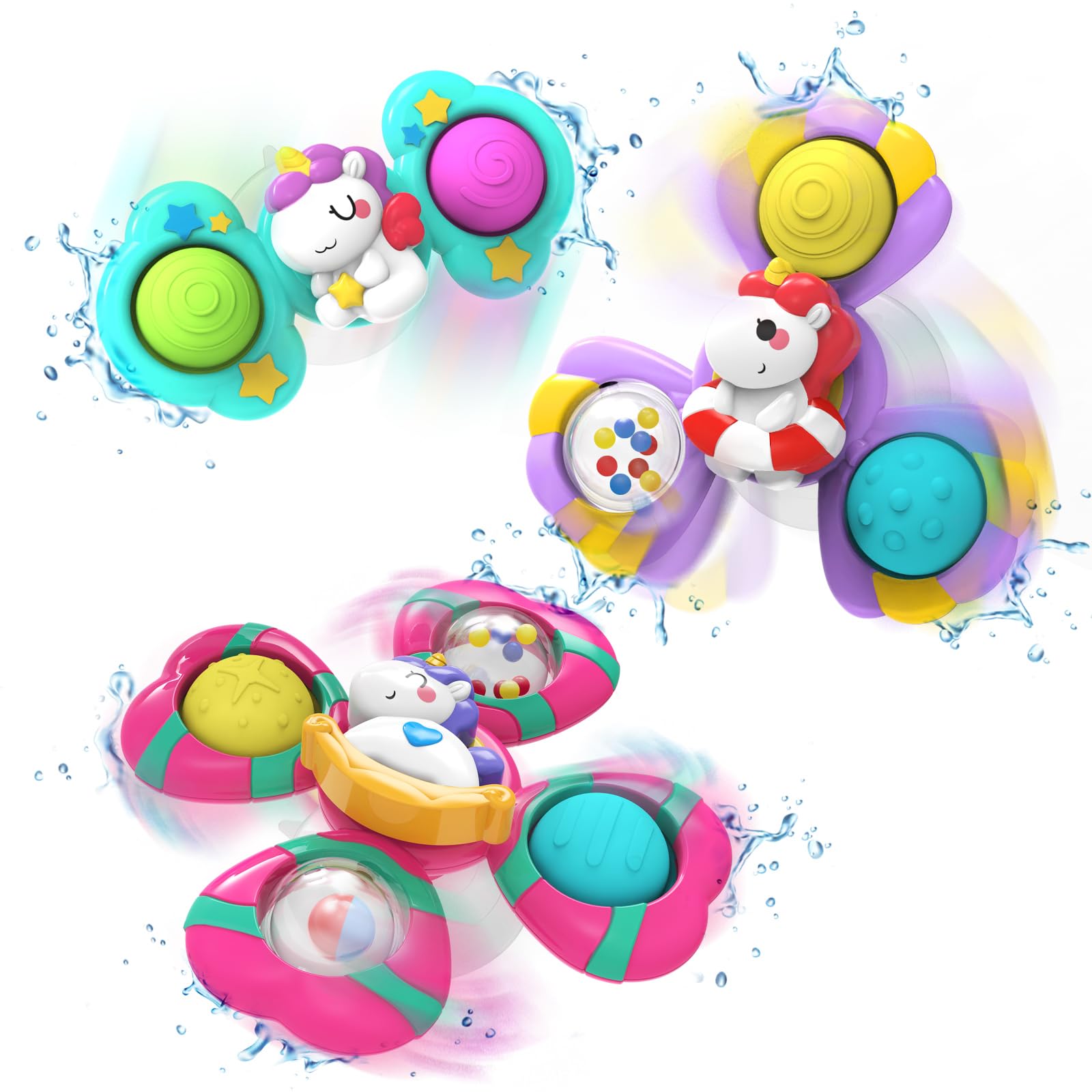 3PCS Suction Cup Spinner Toys,Bath Toys for Baby 12 18 Months,Toys for 1 2 Year Old Toddler Girls,Sensory Toys for Toddlers 1-3 First Birthday Baby Gifts for Girls