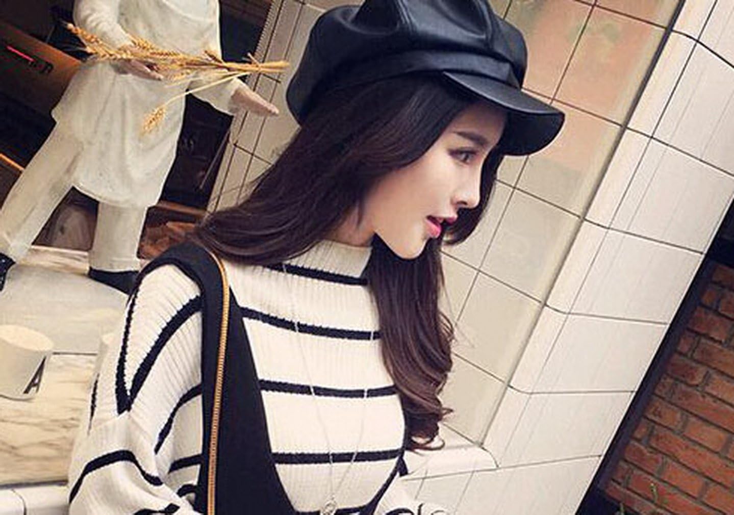 Women PU Leather Newsboy Cabbie Peaked Beret Cap Vintage Baker Boy Visor Hat - Image 3