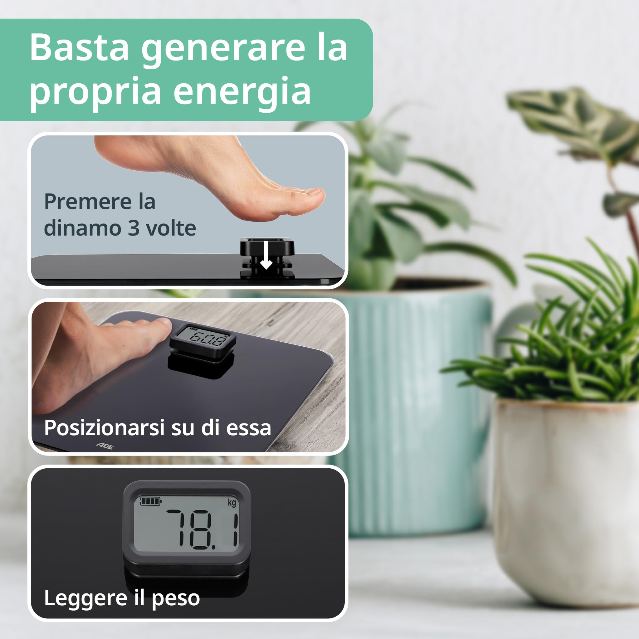 ADE Bilancia pesapersone digitale senza bateria | trazione dinamica rispettosa dell'ambiente | eco sostenibile | fino a 150 kg | nero