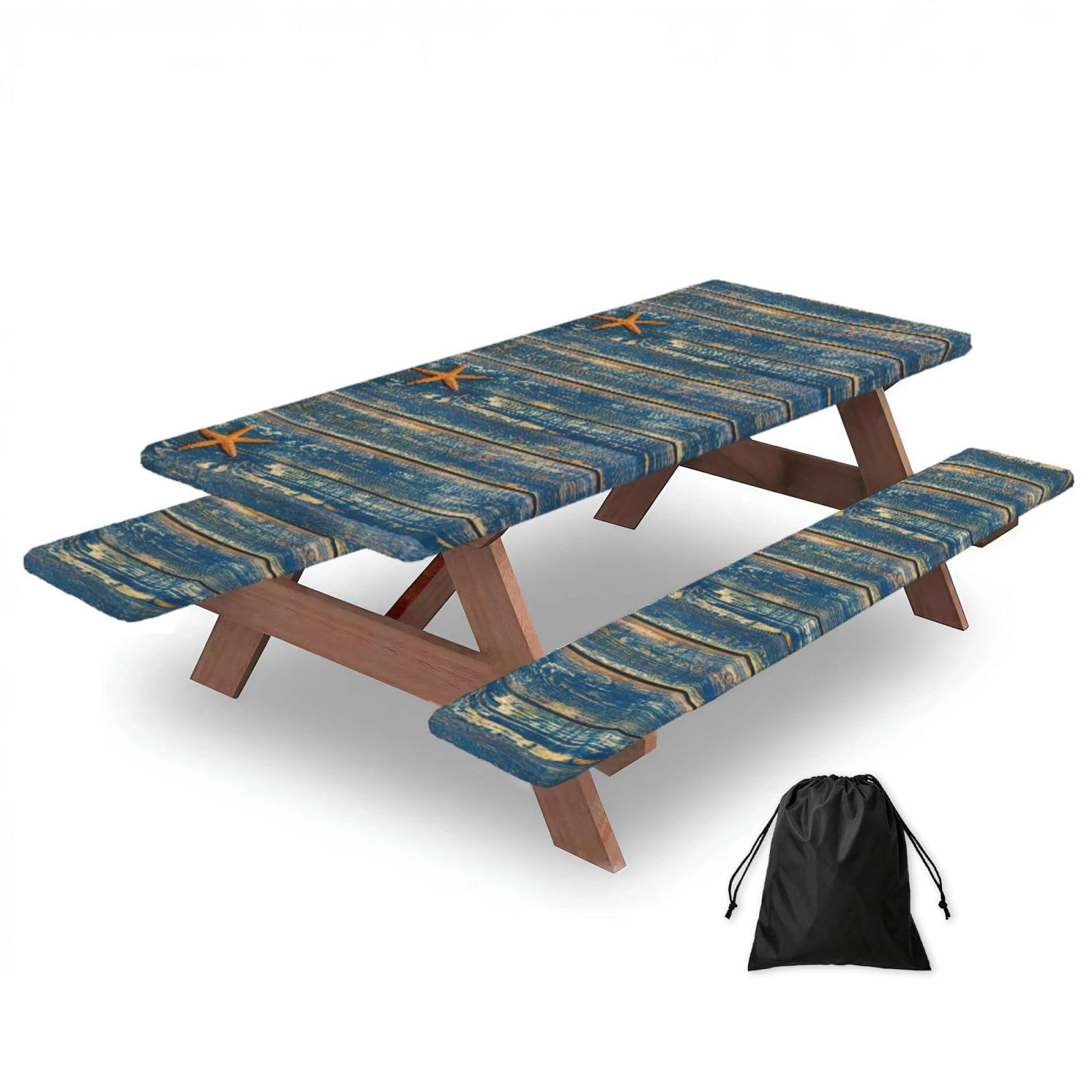 Yqxwjl Black Old Wooden Starfish Summer Print Camping Essentials Waterproof Camping Table And Bench Cover With Drawstring Bag 183 Cm
