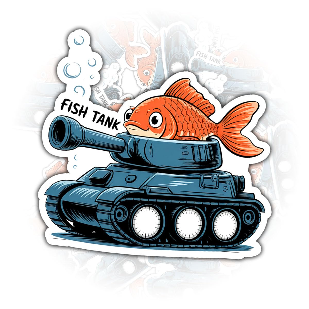 3 Pcs Fish Tank Sticker – Funny Goldfish Driving Military Tank Wordplay Vinyl Decal Waterproof for Laptop, Water Bottle, Tumbler, Notebook, Helmet – Gift for Pun Lovers & Military Nerds – 3 Inch