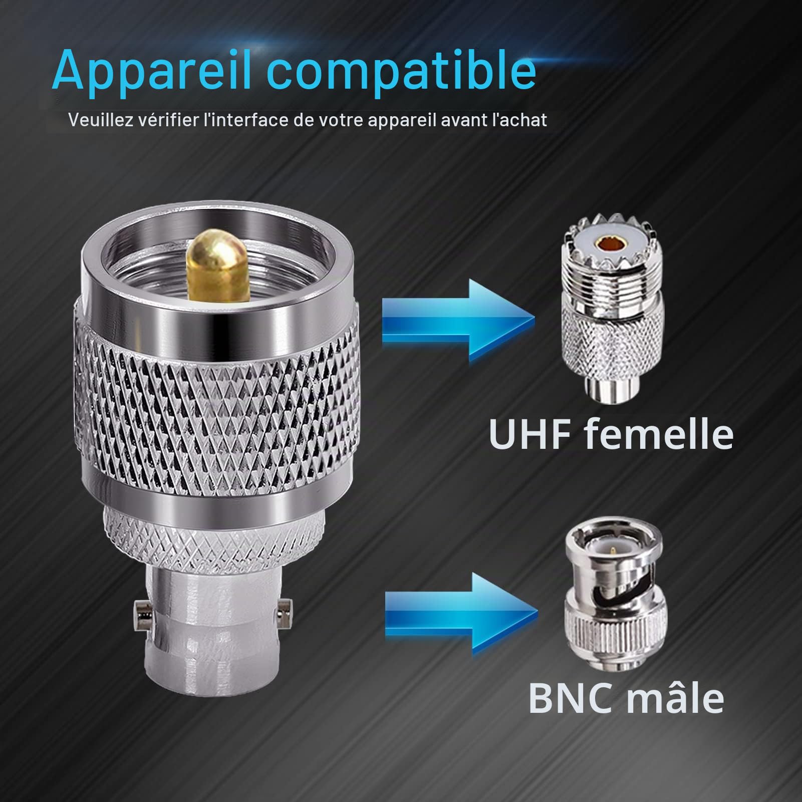 TUOLNK BNC Femelle vers UHF PL259 mâle Adaptateur coaxial RF SO239 mâle vers BNC Femelle connecteur coaxial pour câble d'extension 2 pièces