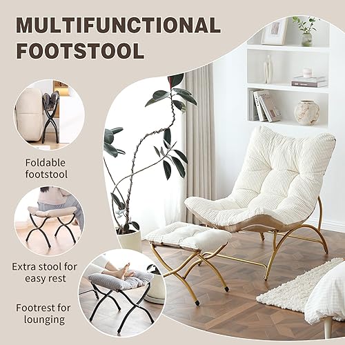 Vista 8 de Welnow Silla decorativa moderna con otomana, cómodo sofá reclinable tapizado, cojín grueso, silla de lectura perezosa de gran tamaño con reposapiés