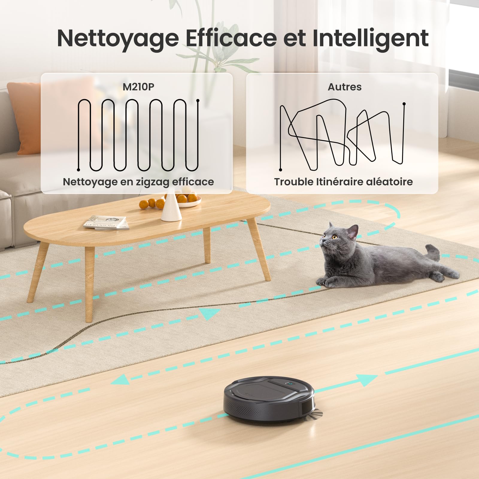 Lefant Robot Aspirateur M210P, 2200Pa d’Aspiration, Mince Silencieux, 6 Modes de Nettoyage, Auto-Charge, WiFi Bluetooth Alexa App, 120min d’Autonomie, Idéal Poils d’Animaux Sols Durs Tapis