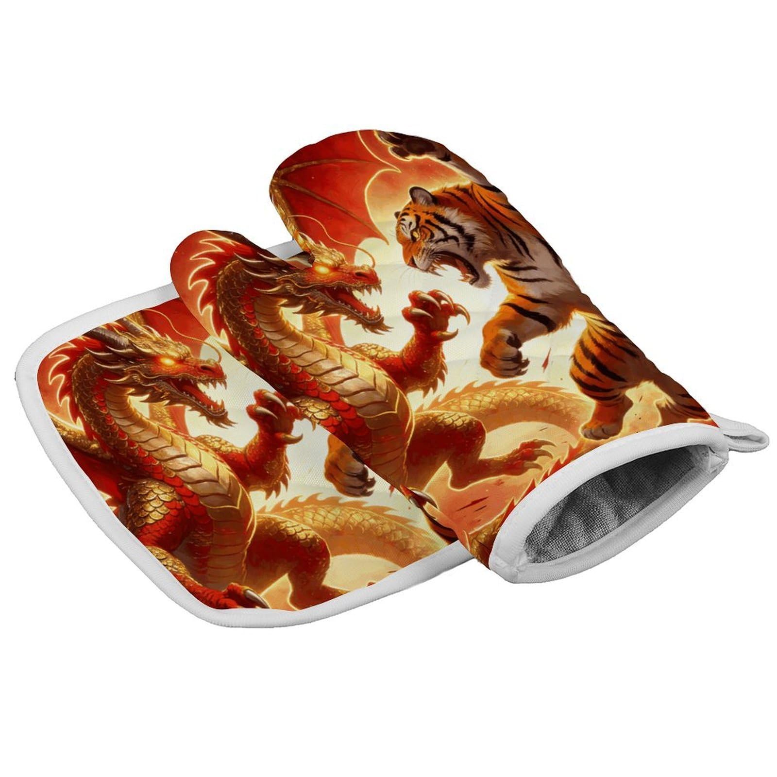 Fodpand Style Dragon Versus Tiger Oven Mitt Set With Lanyard, Cooking Mitt, Protective Thermal Insulation,Kitchen Mitt For Baking, Cooking, Grilling, Microwave
