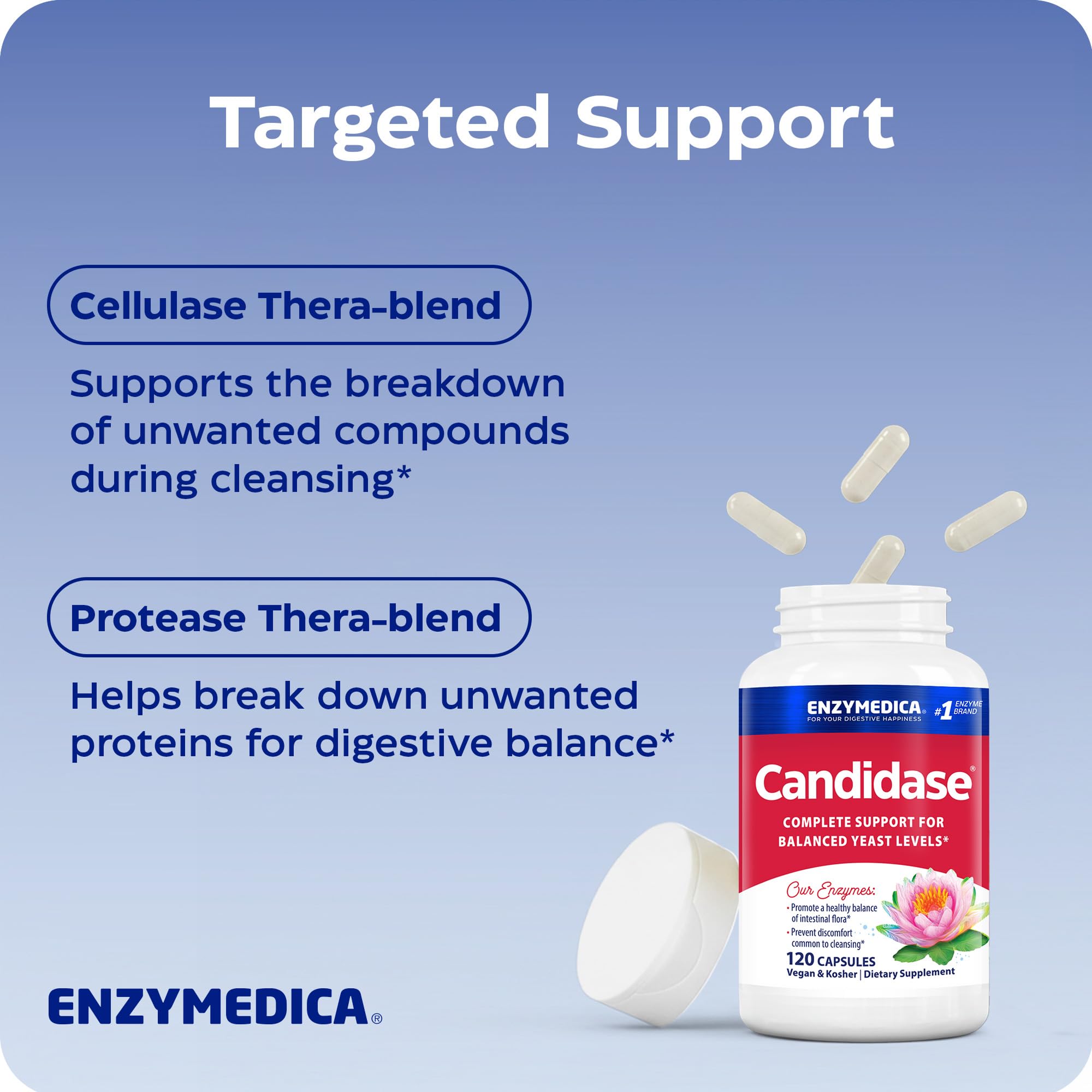 Enzymedica Candidasa, enzimas para un apoyo de limpieza suave para hombres y mujeres, mezclado para la salud intestinal y del microbioma con celulasa y proteasa, 120 unidades