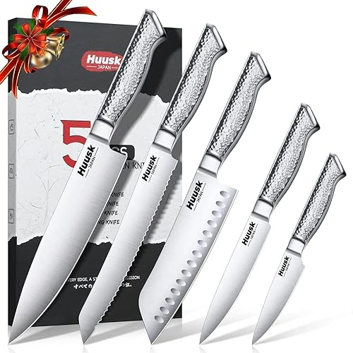 Huusk Juego de 5 cuchillos de chef, juego de cuchillos japoneses de acero inoxidable aptos para lavavajillas, juegos de cuchillos de cocina ultra