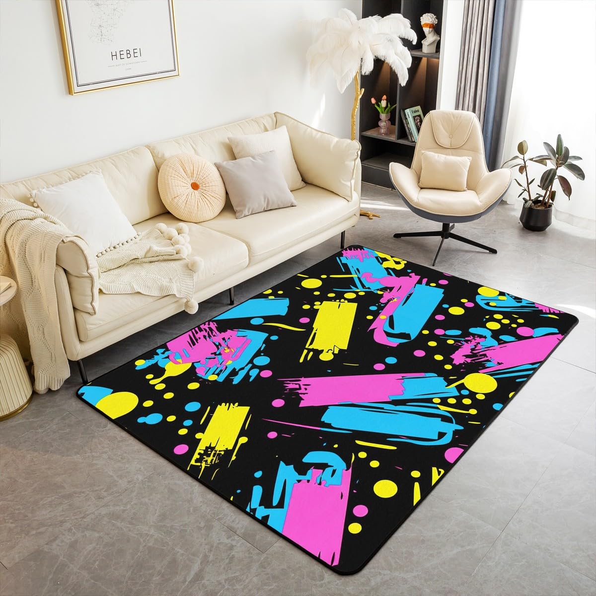 80S 90S Fashion Style Area Rug 6'6" x 4'11",Retro Memphis Style Pattern with Geometrical Shapes Rug for Kids,Funky Hipster Old Fashioned Decorative