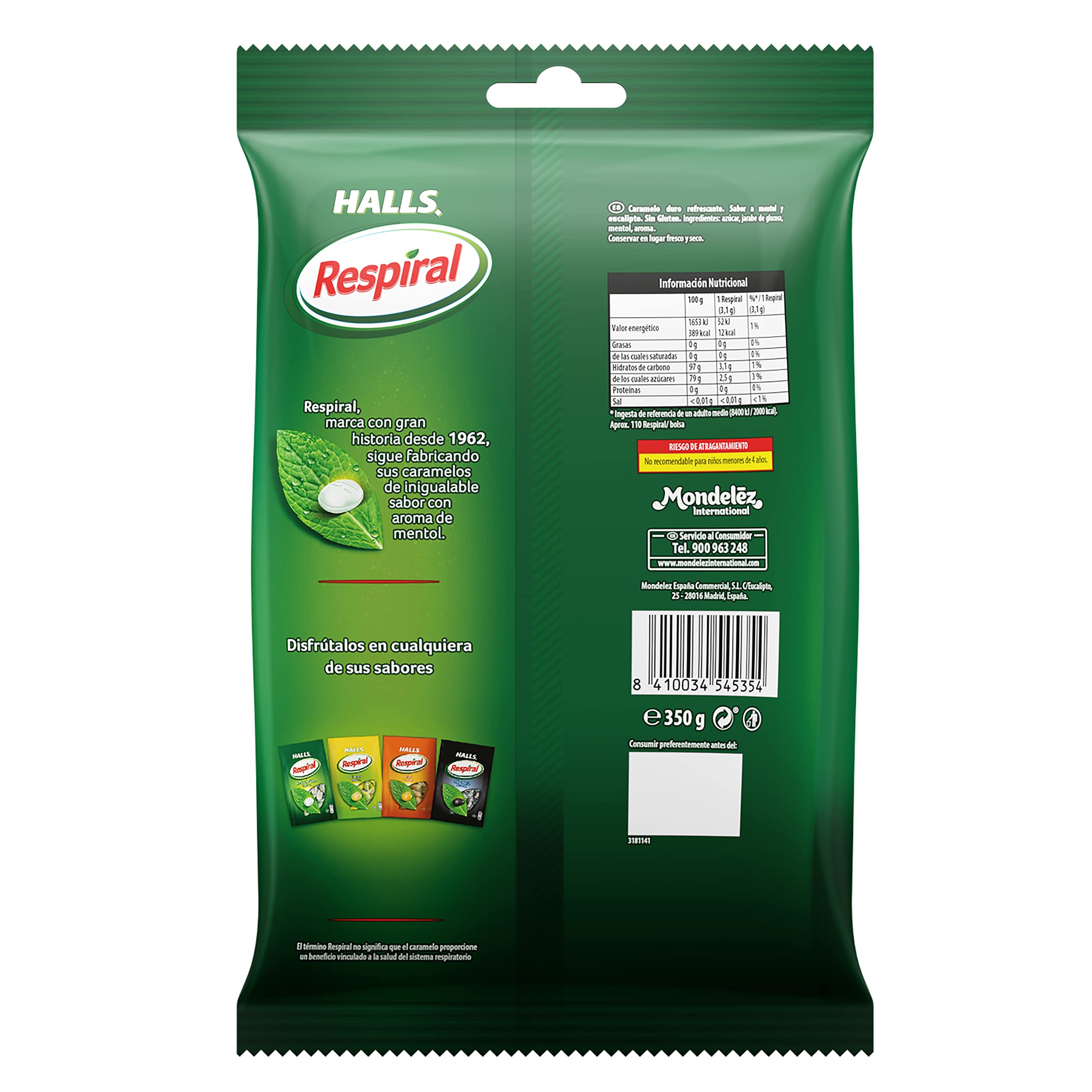 Halls Respiral Caramelos Sabor Mentol, Sin Gluten, Bolsa de 350 gr