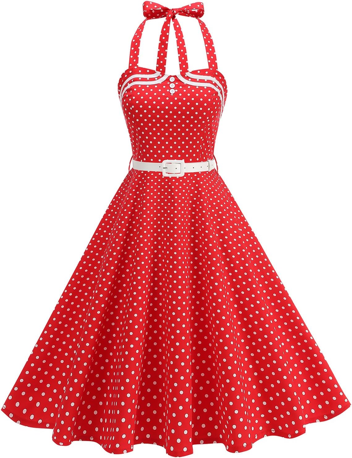 Womens Polka Cocktail Swing Dresses: 50s Vintage Buttons Belted Halter Neck - Audrey Hepburn Style Dress for Prom Party