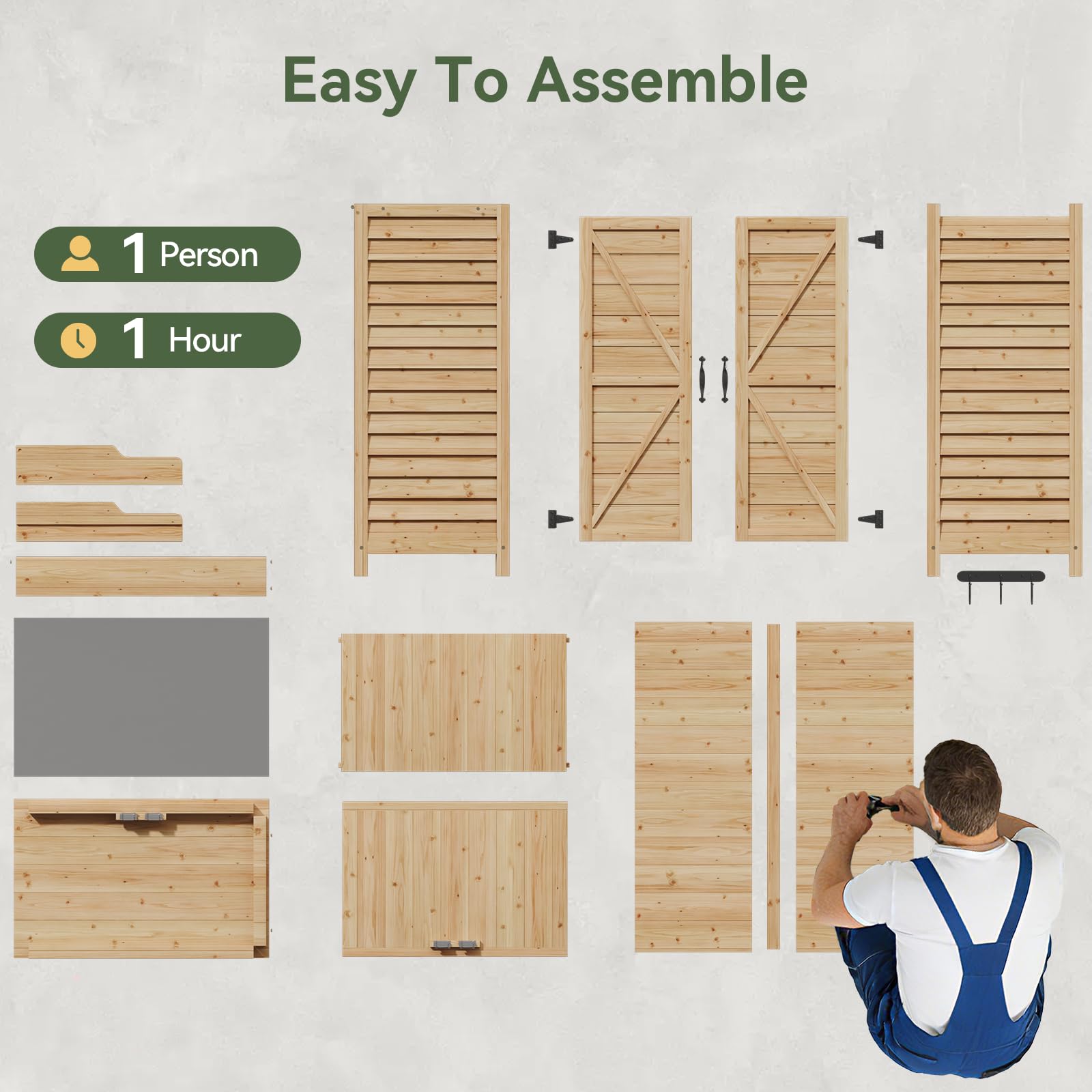 Aoxun Gartenschrank Holz, Pflanztisch mit Geräteschrank Schrank, Doppeltür, Seitenhaken und verstellbarem Regal, Gerätehaus, Gartenschuppen für Garten Terrasse, 64 x 40 x 95 cm, Burlywood