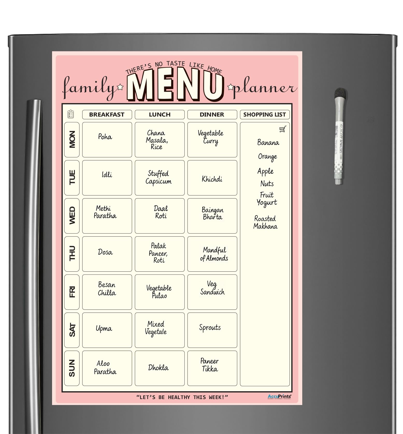 AccuPrints Planificador de comidas familiar A4, pizarra blanca magnética con marcador, 29 x 21 cm, película flexible de borrado en seco para cocina, nevera, oficina, armario de metal