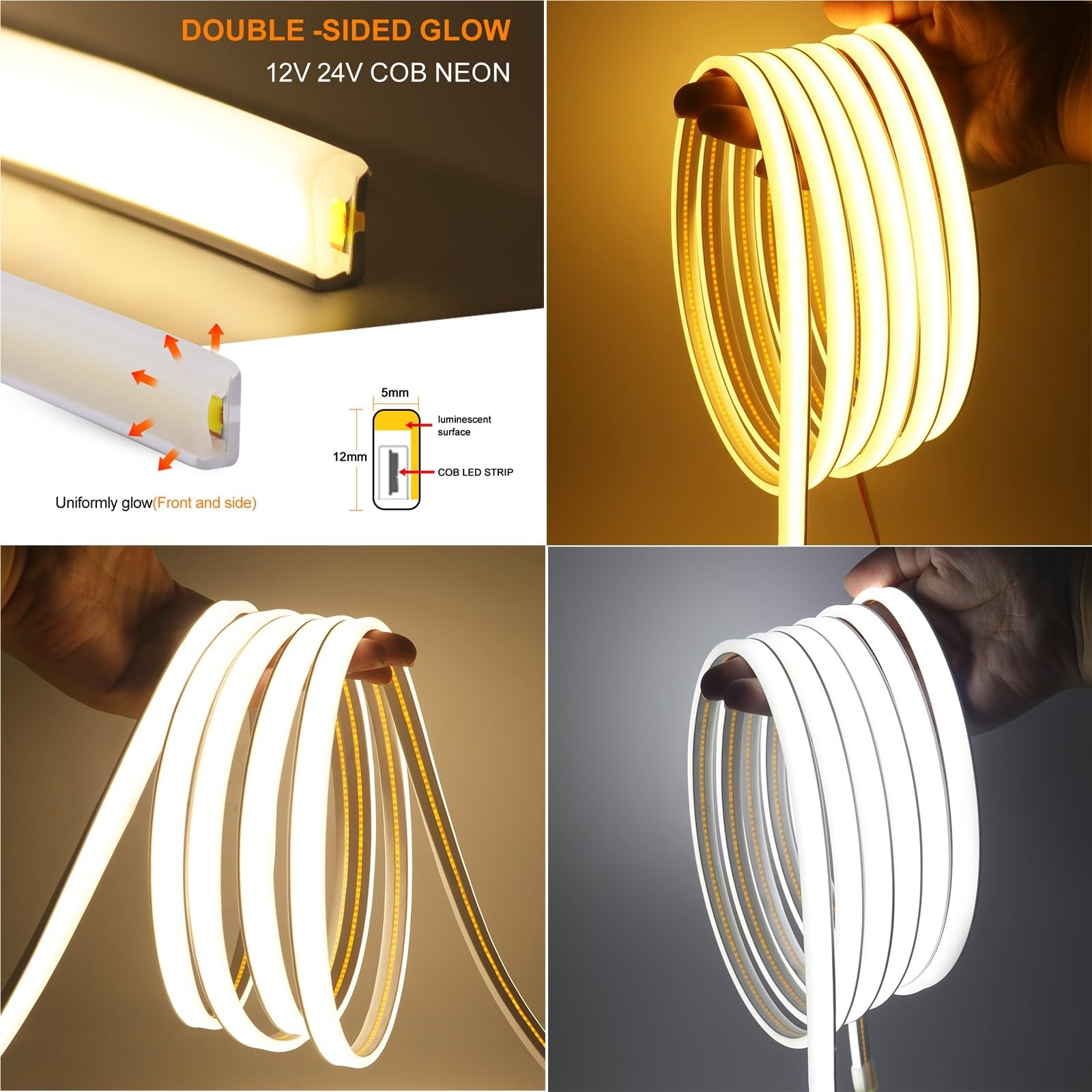 Neonowa taśma LED 12 V/24 V DC COB, wodoodporność IP67, długość 0,5 m - 20 m, mleczna biel, miękki blask do dekoracji (ciepła biel, DC 12 V 4 m)