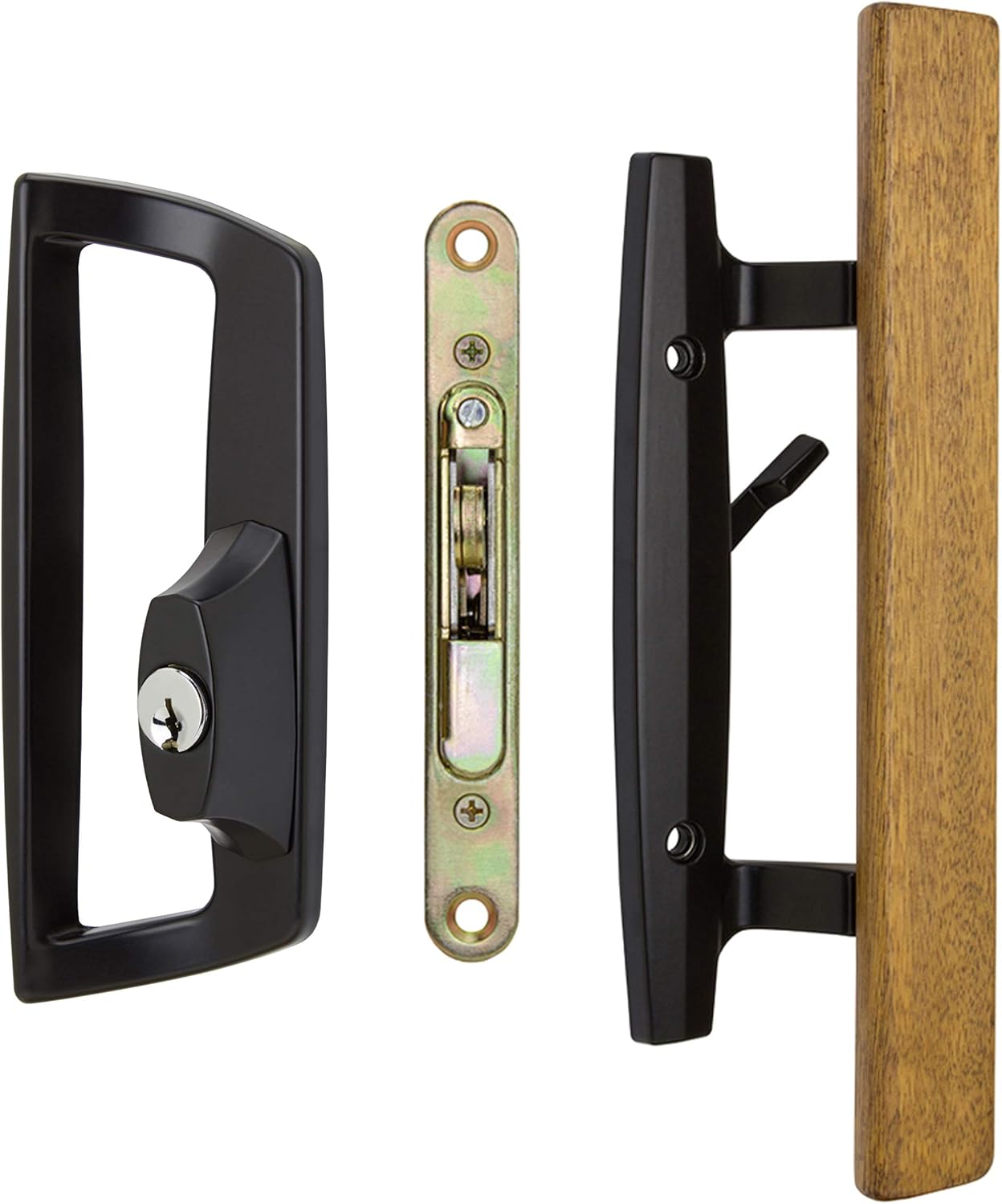 Bali NAI Sliding Glass Door Handle and Mortise Lock Set with Oak Wood Pull in Black Finish, Includes Key Cylinder, Standard 3-15/16” CTC Screw Holes, 1-1/2" Door Thickness- for Left Hand Doors