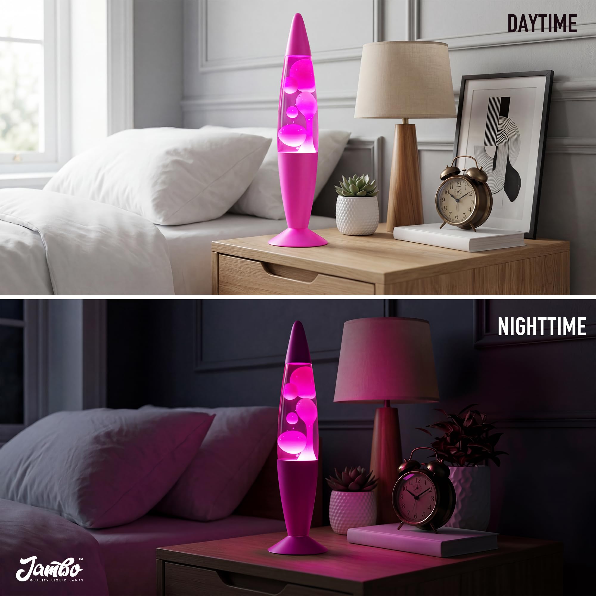 Jambo Lámpara líquida con flujos de cera como lava, lámparas frías, luces nocturnas para niños, adultos, adolescentes (16 pulgadas, base rosa, líquido rosa, cera blanca)