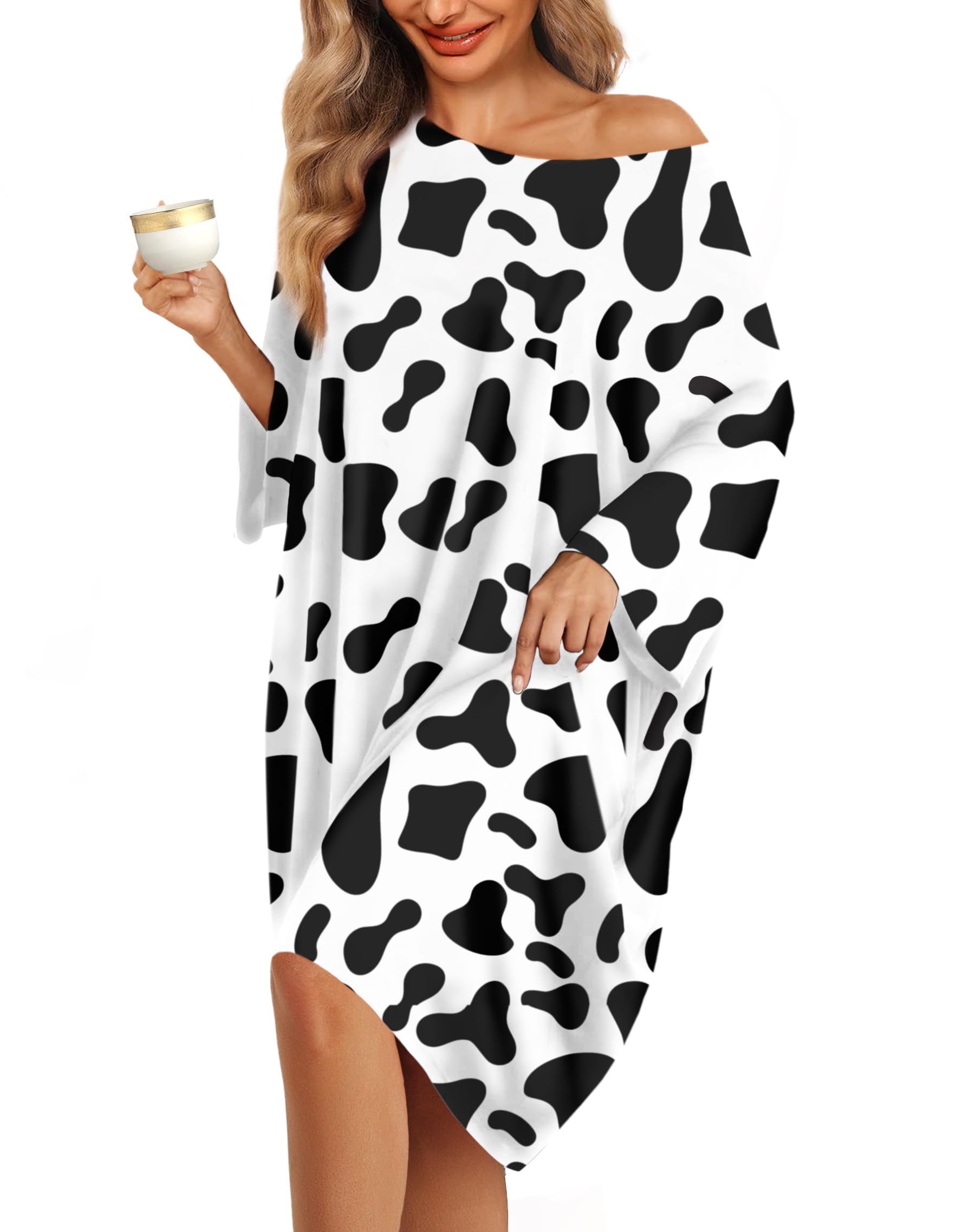 Kfubuo Women's Cow Plus Size Nightgowns For Oversized Sleep Tshirts Dress Short Sleeves Sleepwear With Pocket Fit S-5Xl, Oversized