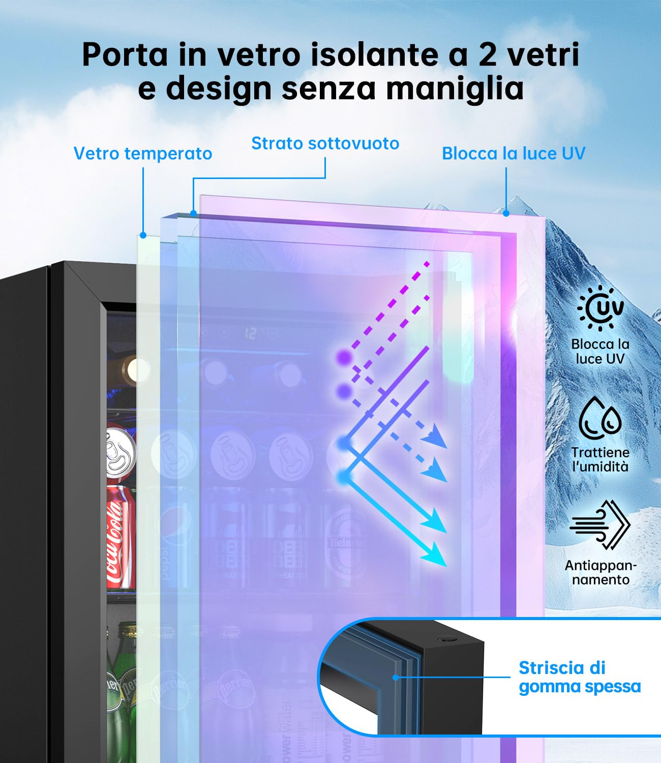 WIE Mini Frigo, Frigorifero Piccolo 48L, Frigo Vetrina con Porta in Vetro, Capacità 68 Lattine, Temperatura Regolabile, Illuminazione LED, Silenzioso - Per Casa, Ufficio, Bar
