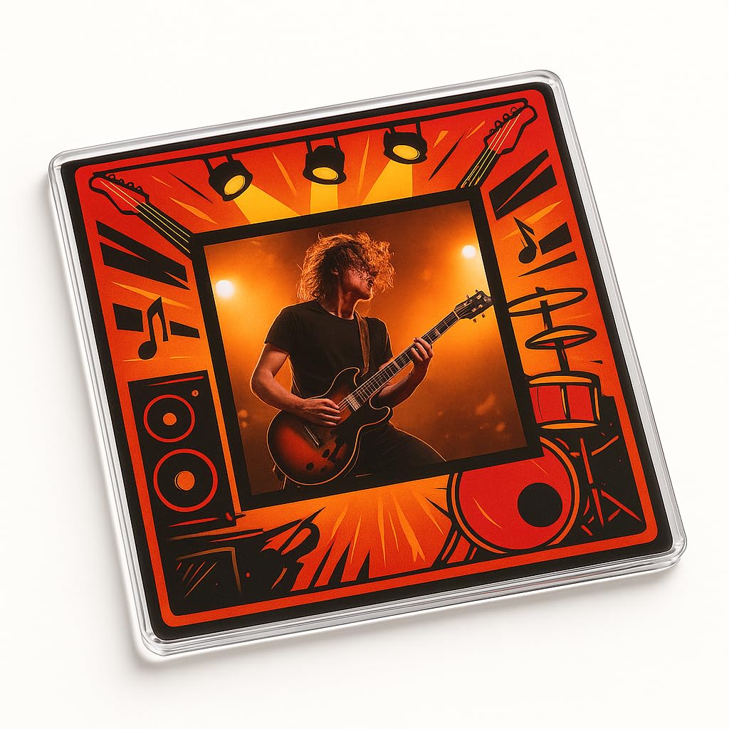 The Plum Penguin Rock Band Acrylic Coaster Gift With Vibrant Design - Dynamic Music-Themed Decor For Concert Lovers And Musicians