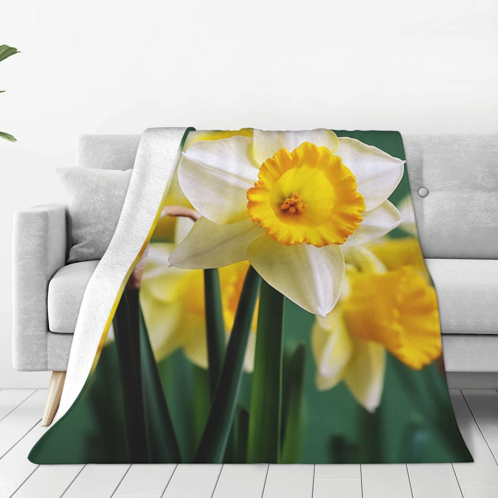 Daffodil Flower Throw Blanket 80"x60" Flannel Fluffy Warm Blanket for Couch, Reversible Plush Blankets for Bed, Comfy Fuzzy Blanket for Sofa, Plush Lightweight-Blankets for All Season