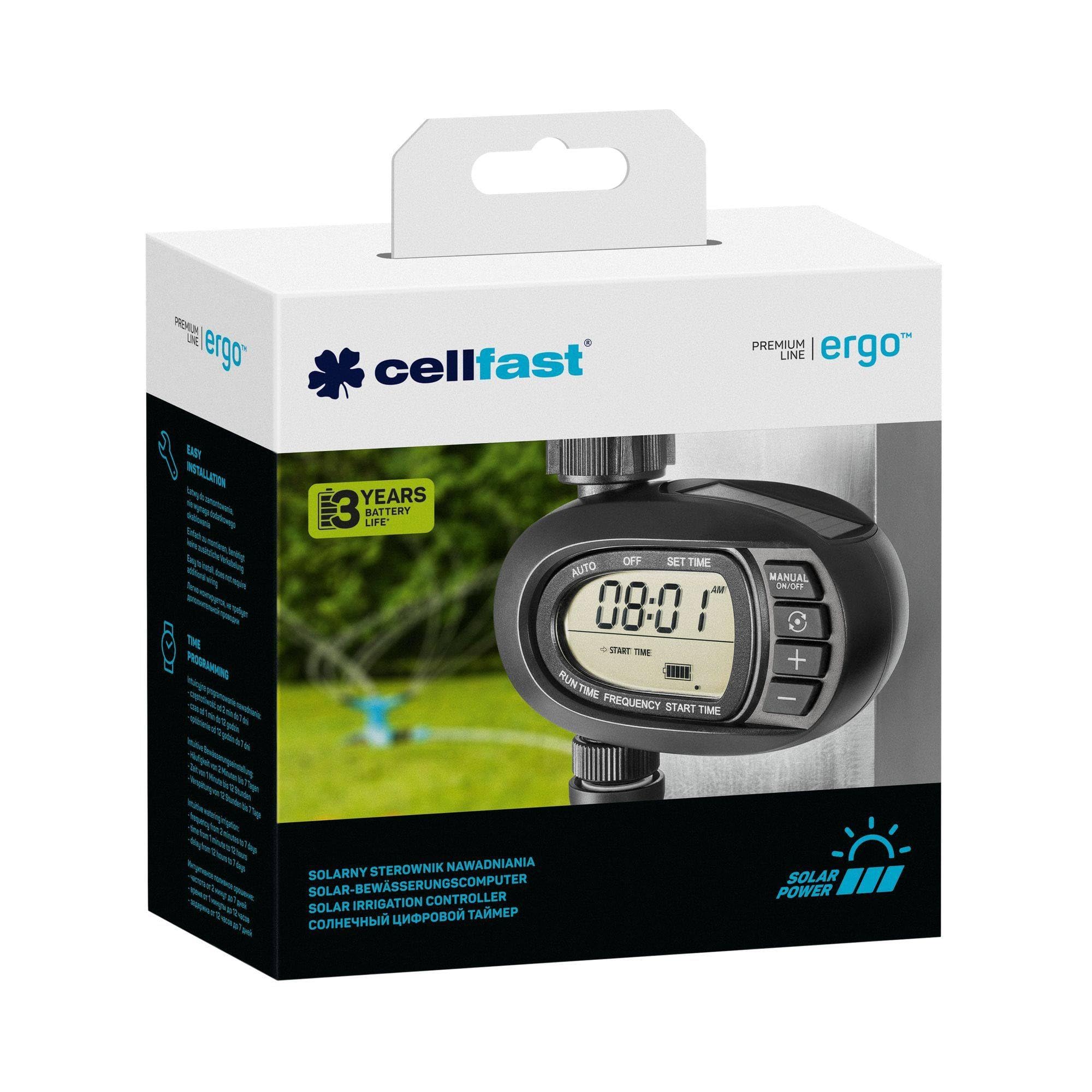 Cellfast Programador de riego Solar Ergo™ Pantalla legible, Batería de Litio, Recargable con energía Solar, Programación de riego intuitiva, G3/4" i G1, 52-590