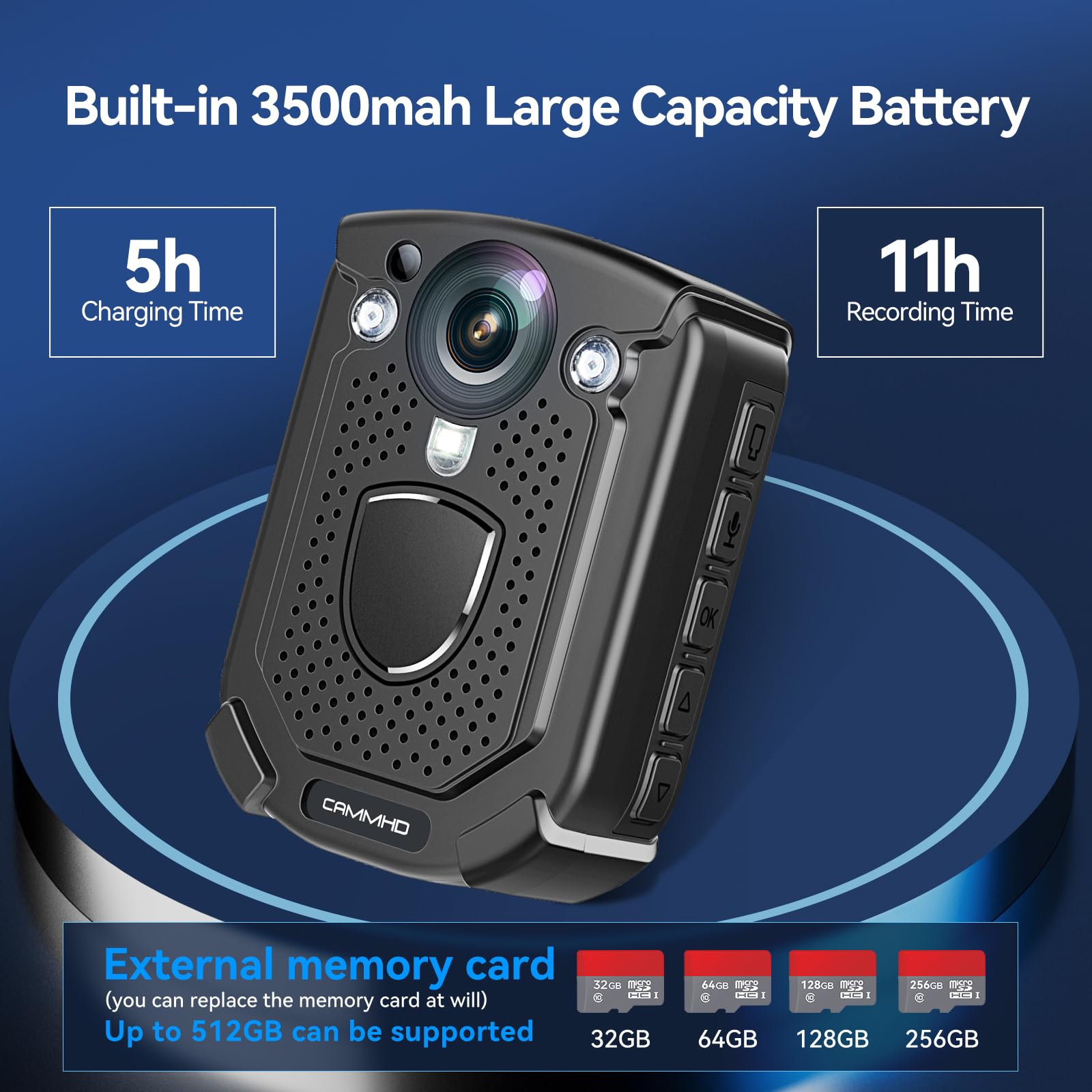 CAMMHD W1 32G HD 3840 * 2160P Body Cam 10-12 ore di Registrazione Video IP68 Impermeabile H.265 Codice Video Visione Notturna Bodycam, Fotocamera del Corpo Indossabile con 2 Clip Girevoli a 360°