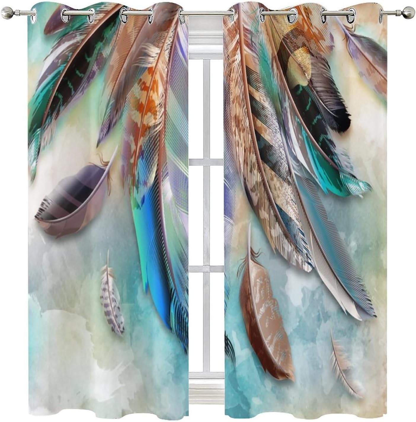 Colorful Feather Curtains Watercolor Bohemian Native American Animal Feathers Retro Birds Thermal Insulated Darkening Noise Reduction for Living Room Grommet Window Treatment 2 Panels 63"L x 36"W