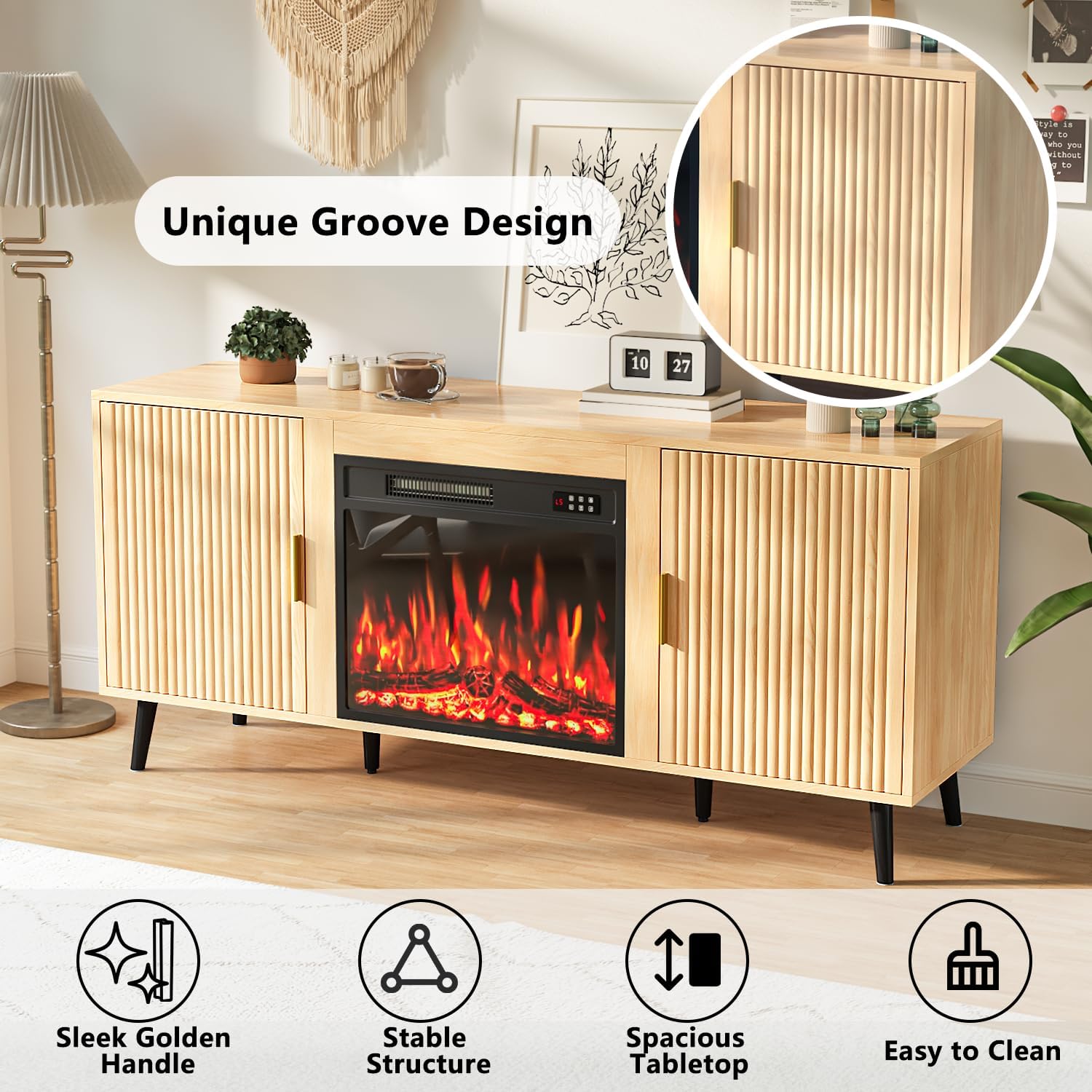 PRETZI 58" Fluted Fireplace TV Stand, Mid Century Entertainment Center with 23" Electric Fireplace, Media Console with Wood Leg & Adjustable Shelves for TVs Up to 65" for Living Room, Natural Wood