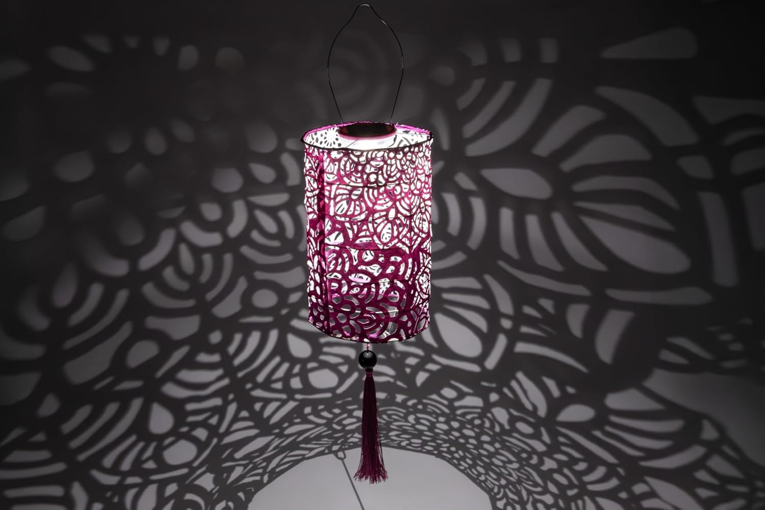 Allsop Soji Stella Tassel Solar Lantern, 7.25" LED Outdoor Light, Weather-Resistant UV Treated Fabric, Stainless Steel Hardware, Auto Sensor on/Off, for Patio, Deck, Garden (Cylinder - Raspberry)