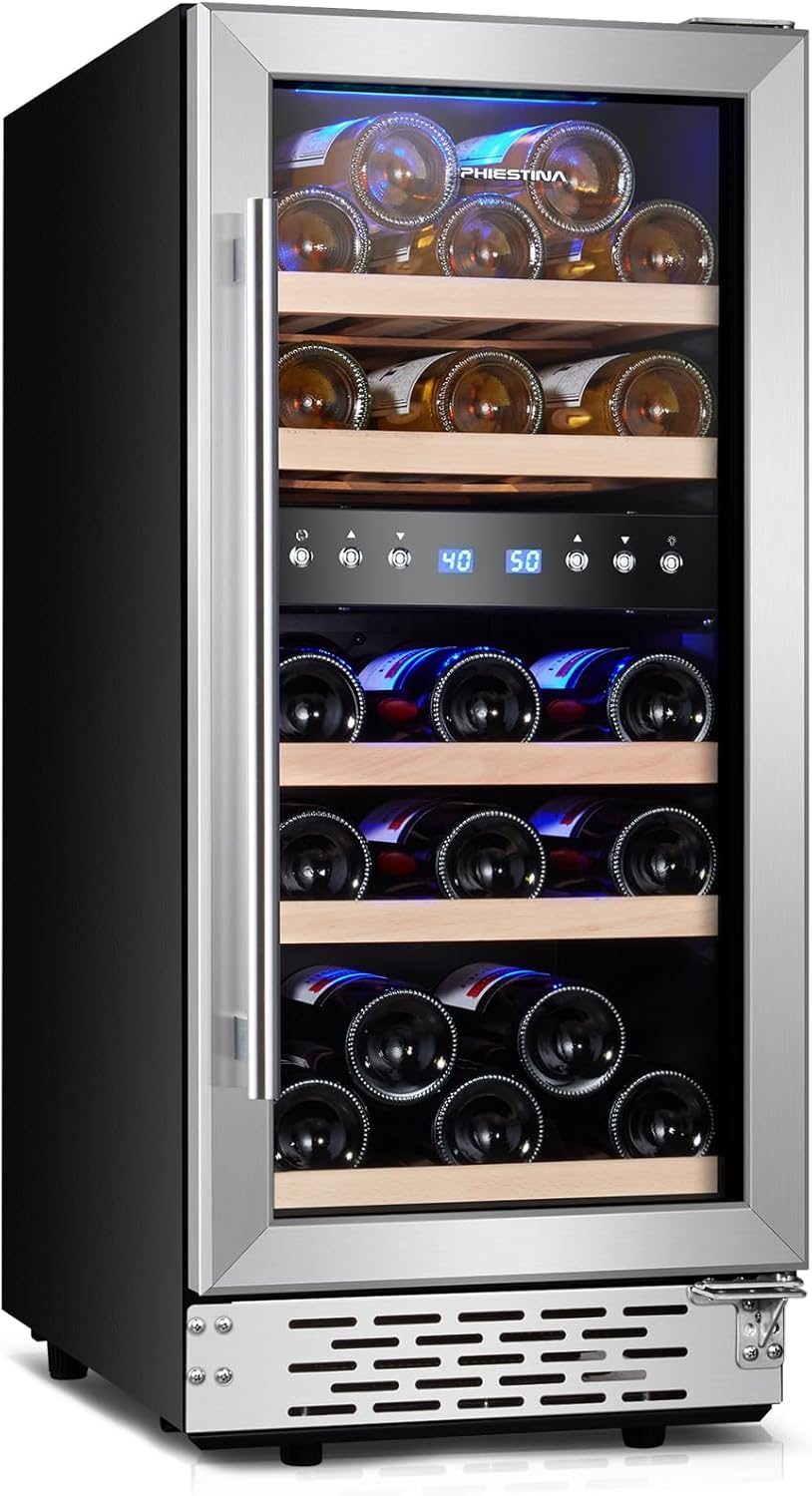 Phiestina Wine Fridge, 15 Inch Small Wine Cooler Refrigerator 31 Bottles Dual Zones Under Counter Temperature Control Built-in/Freestanding Phiestina Wine Fridge, 15 Inch Small Wine Cooler Refrigerator 31 Bottles Dual Zones Under Counter Temperature Control Built-in/Freestanding