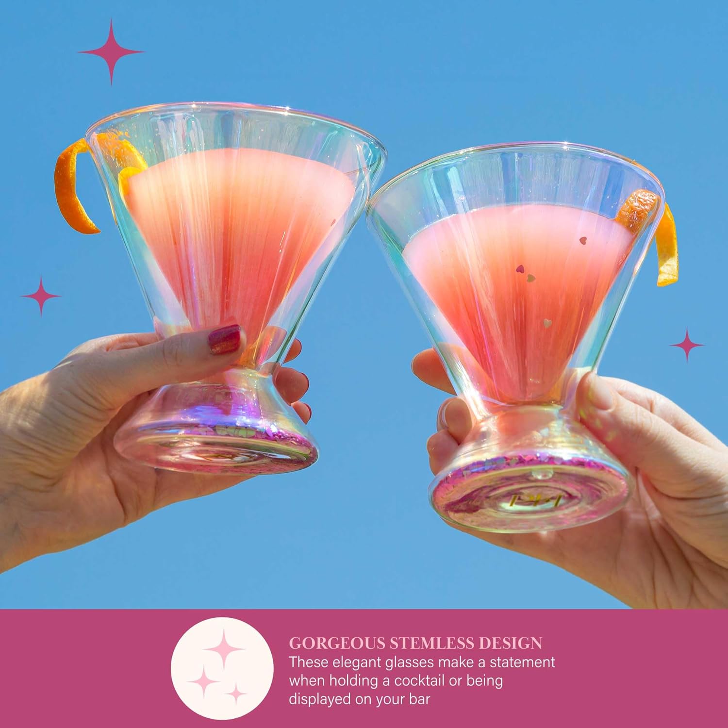 Paris Hilton 2-Piece Martini Glass Set, Double Wall Glass Design, Great for Martinis, Cocktails, Cosmopolitans, Margaritas, 207mL, 7-Ounce, Iridescent with Glitter Hearts - Image 5