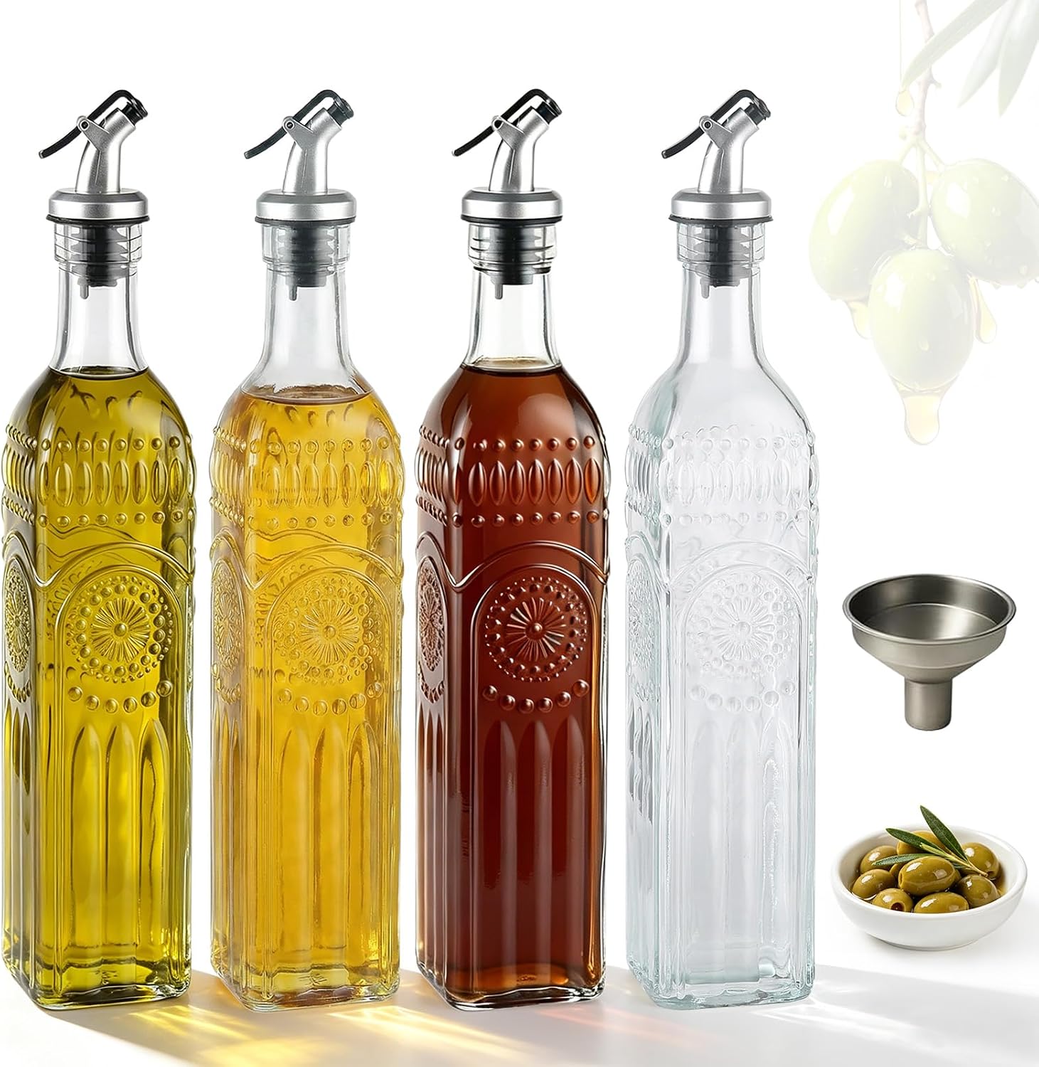 WERTIOO Relief Olive Oil Dispenser Bottle 4 Pack, 17oz Glass Oil Dispenser