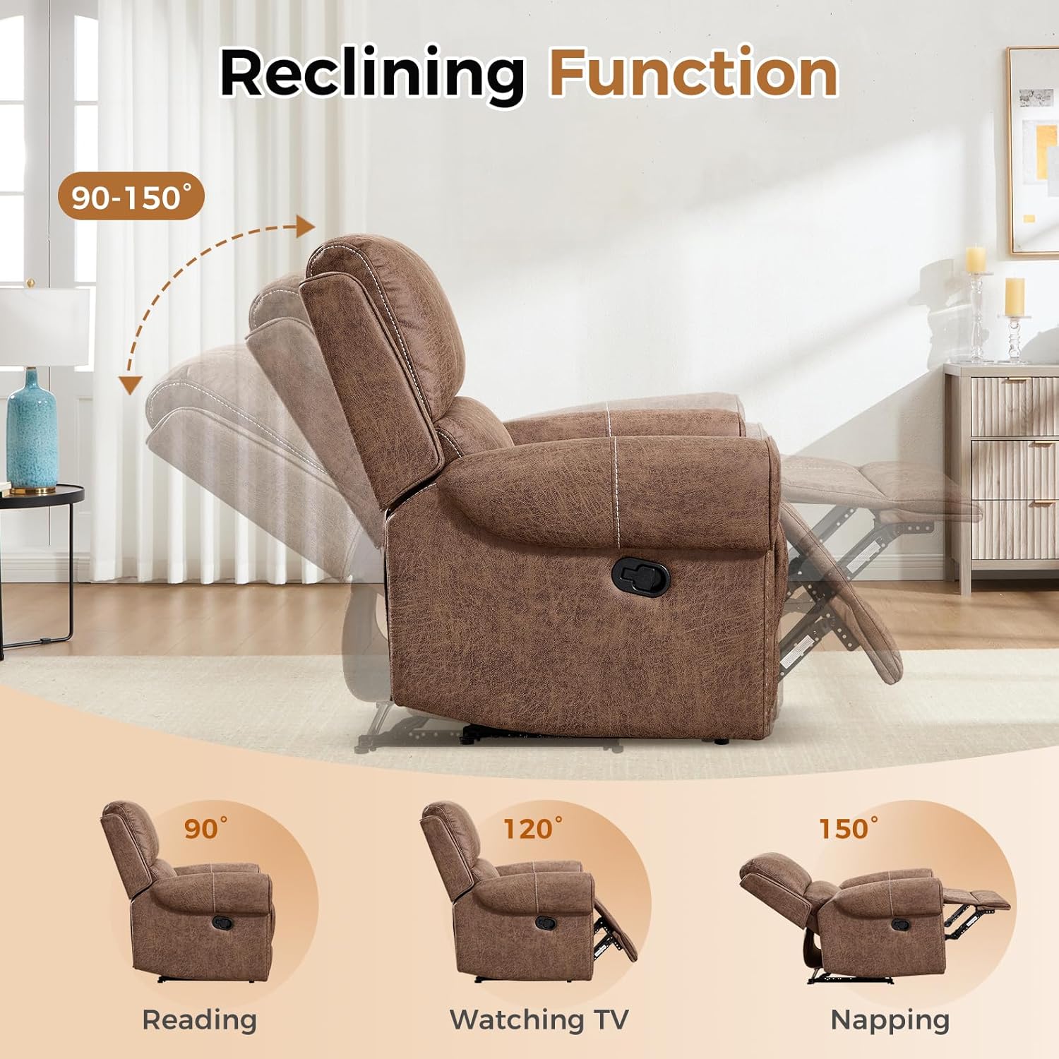 CANMOV 2 Pieces Faux Leather Manual Reclining Couch Furniture Set, Included 2 Reclining Chair and One 3 Seat Recliner Sofa Couch, Mid-Century Modern Rivet Decoration Sofa for Living Room, Brown