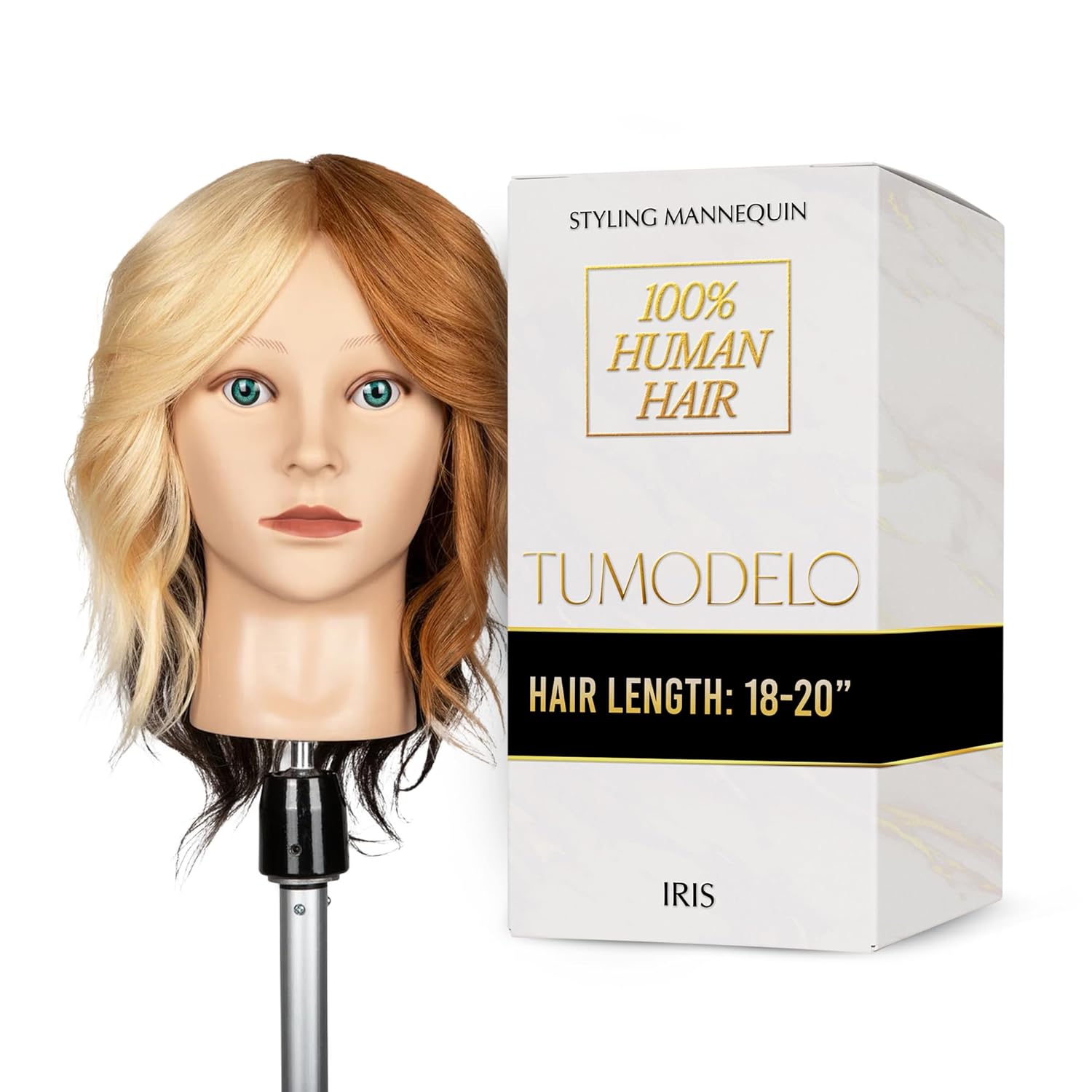 18-20” Length- Iris Mannequin Head for Hair Cutting & Styling – 100% Human Hair for Cosmetology Training - Hot Tools, Coloring, Perming, Braids & More, N°4 Multicolor Color (w/out stand)
