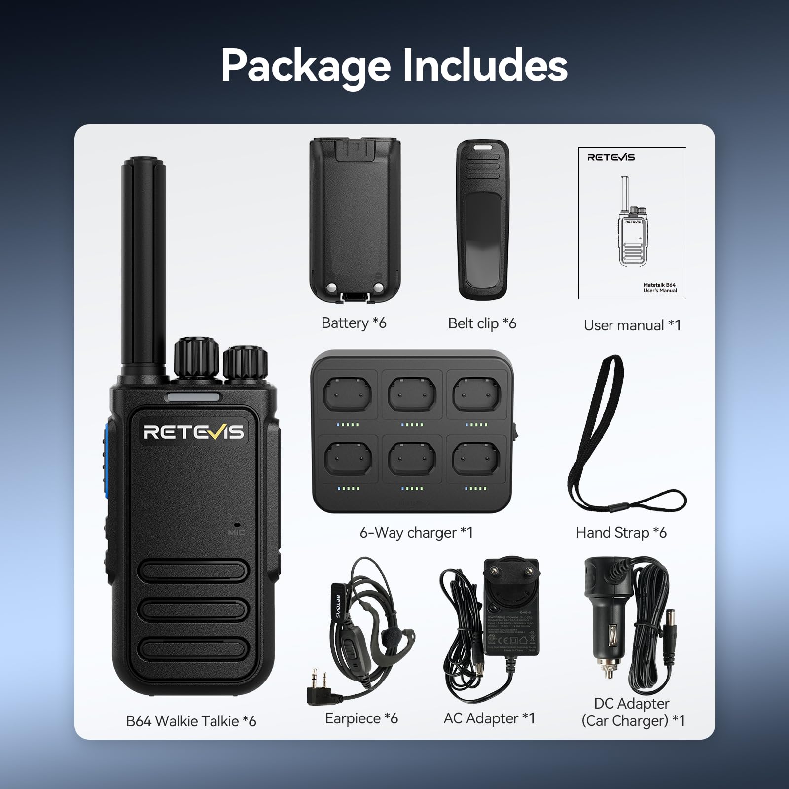 Retevis B64 Walkie Talkies, 6-drożna ładowarka, 2-drożne radio z dwustronną redukcją szumów AI, profesjonalny, solidny zestaw słuchawkowy Walkie Talkie do baru, KTV, klubu nocnego (czarny, 6 opakowań)
